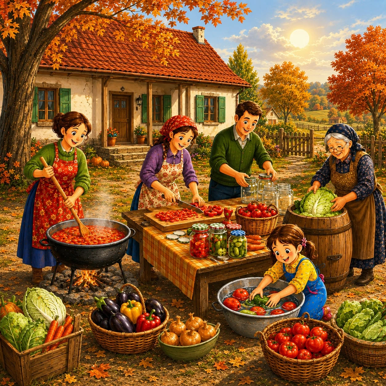An illustrated scene of five people of varying ages preparing food outdoors in autumn, with a cottage, baskets of vegetables, cooking equipment, and golden fall foliage