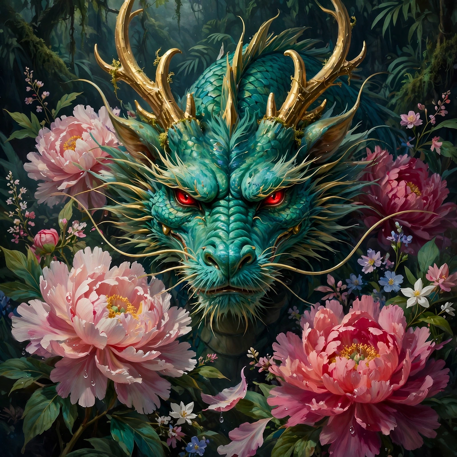 Emerald Dragon Among the Peonies jigsaw puzzle