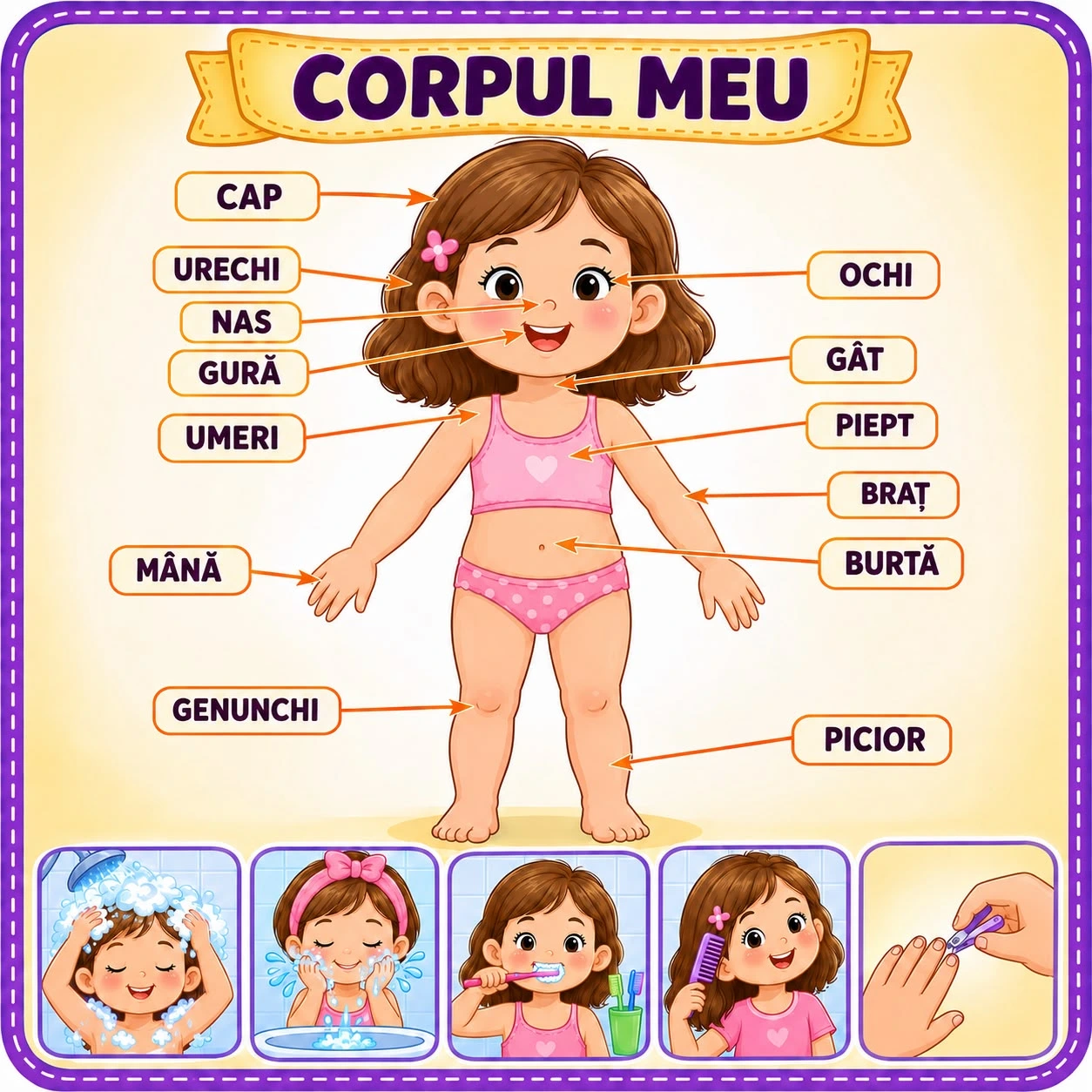 Educational diagram of a young girl with labeled body parts in Romanian, surrounded by hygiene activity illustrations including washing face, brushing teeth, and nail care
