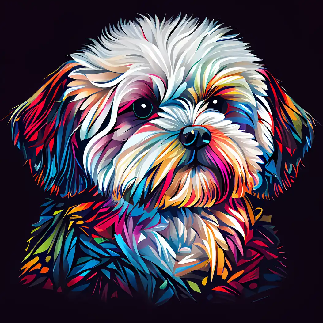 Cute Bichon Maltese dog portrait with colorful neon fur and glowing details.
