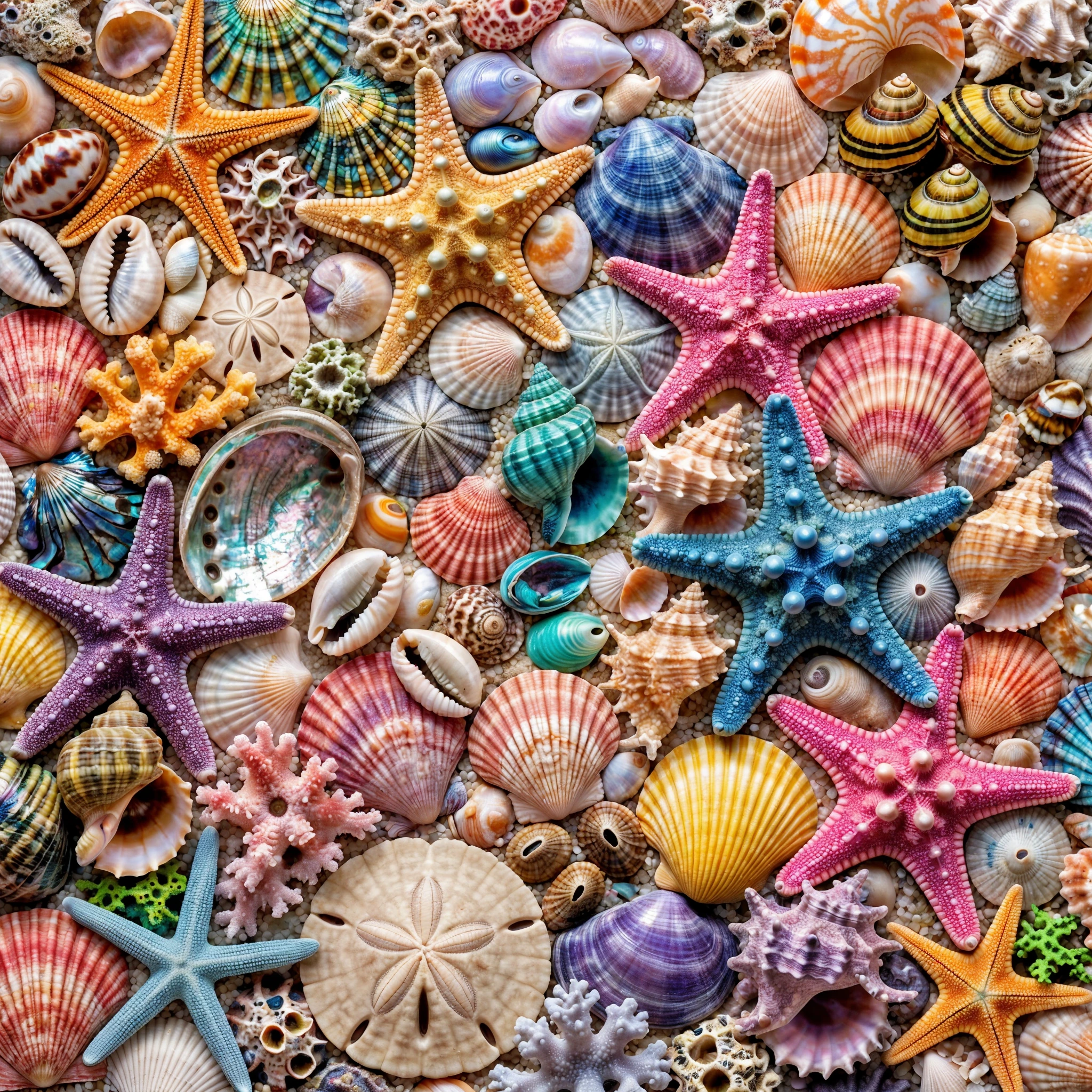 Overhead view of various seashells, starfish, sea urchins, and coral arranged densely together in multiple colors including pink, orange, blue, yellow, and white