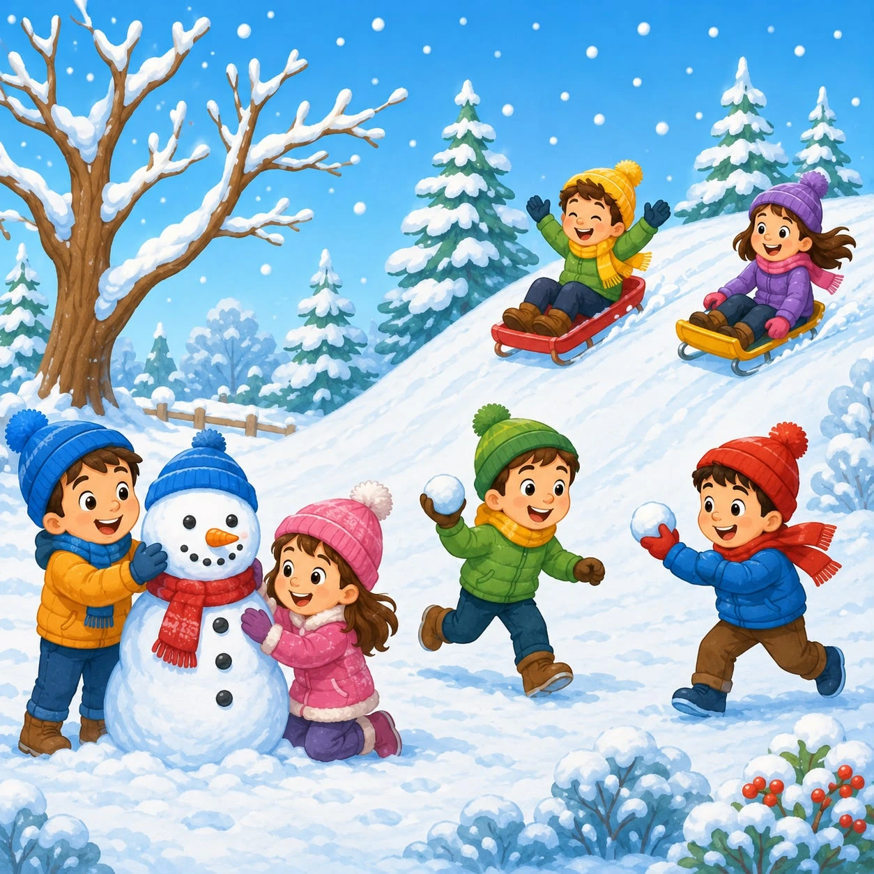 Illustration of children sledding and playing in the snow with a snowman, evergreen trees, and falling snowflakes in a winter landscape