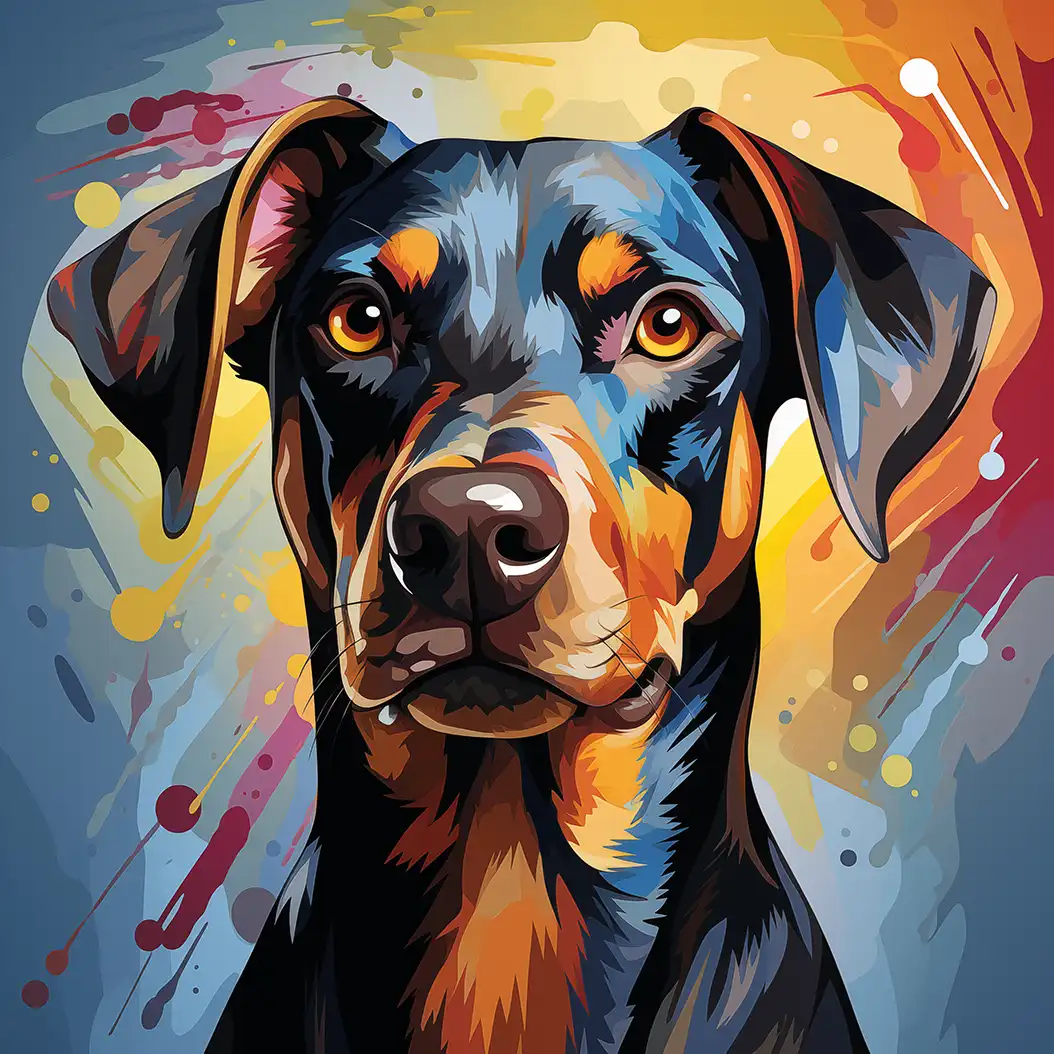A stylized, colorful illustration of a Doberman Pinscher's head, featuring bold brushstrokes and a vibrant, abstract background.