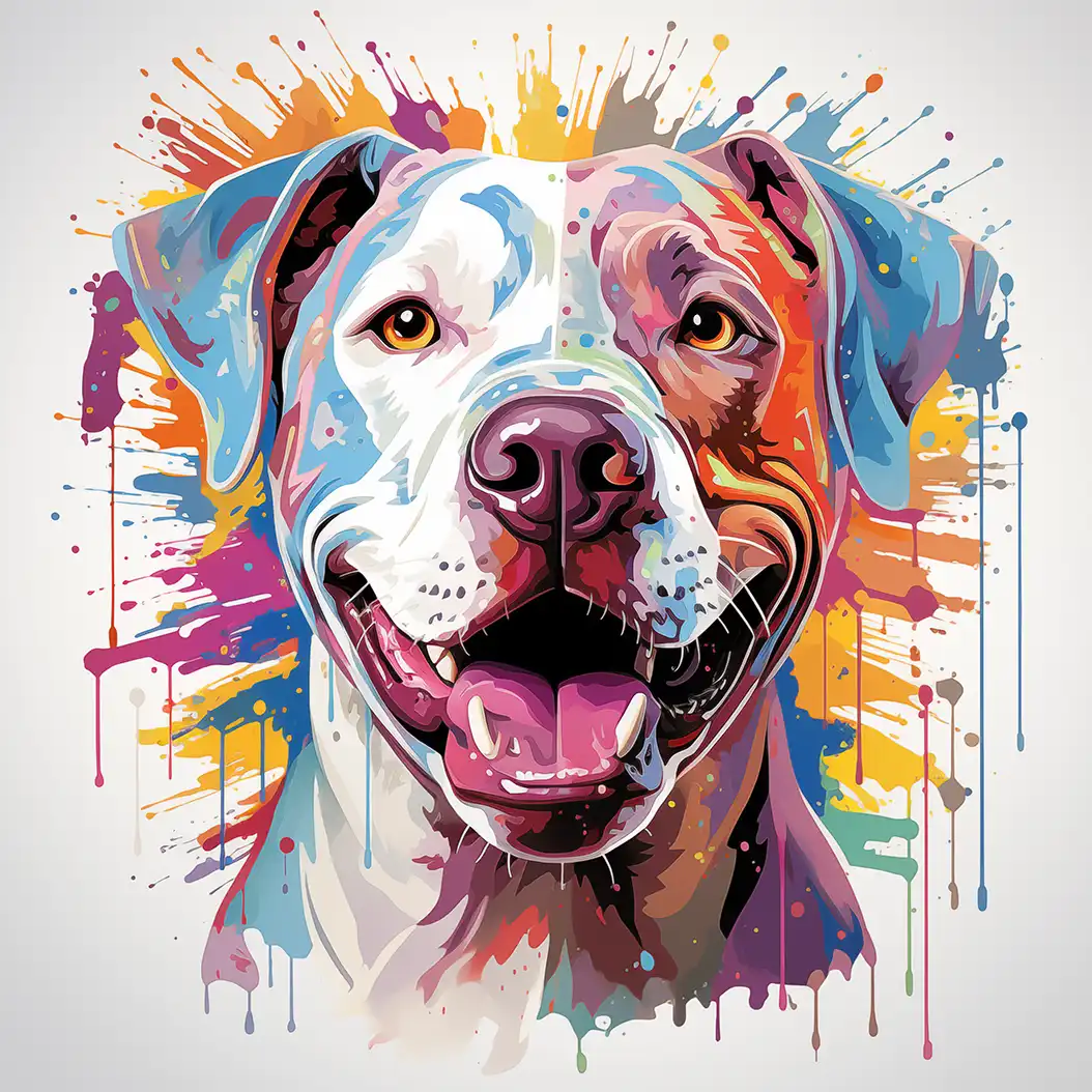 A colorful digital art illustration of a smiling dog's head with vibrant paint splatters and drips around it.