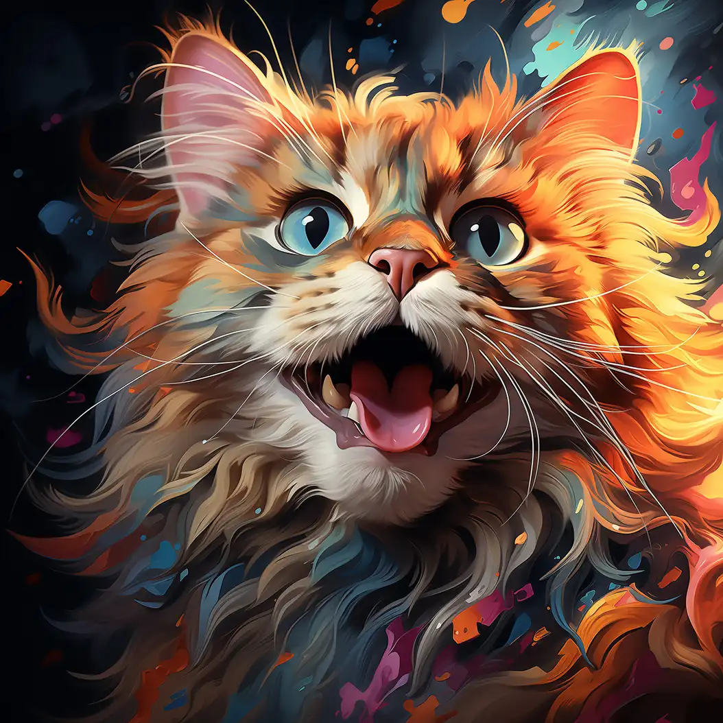Bright digital illustration of a playful Bambino kitten with colorful glowing fur and abstract background.