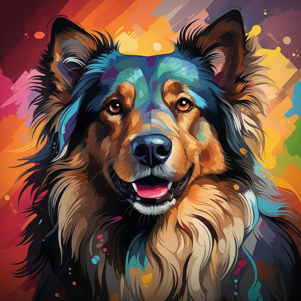 Artistic colorful portrait of a Belgian Tervuren dog with expressive eyes and vibrant background.