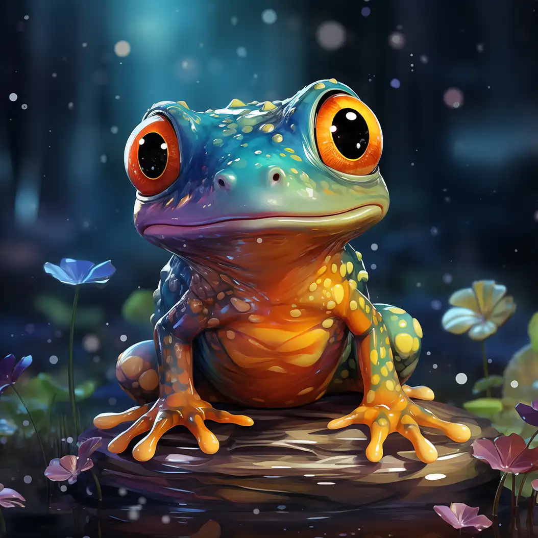 Cute colorful baby toad with large glowing eyes sitting in a fantasy forest scene.