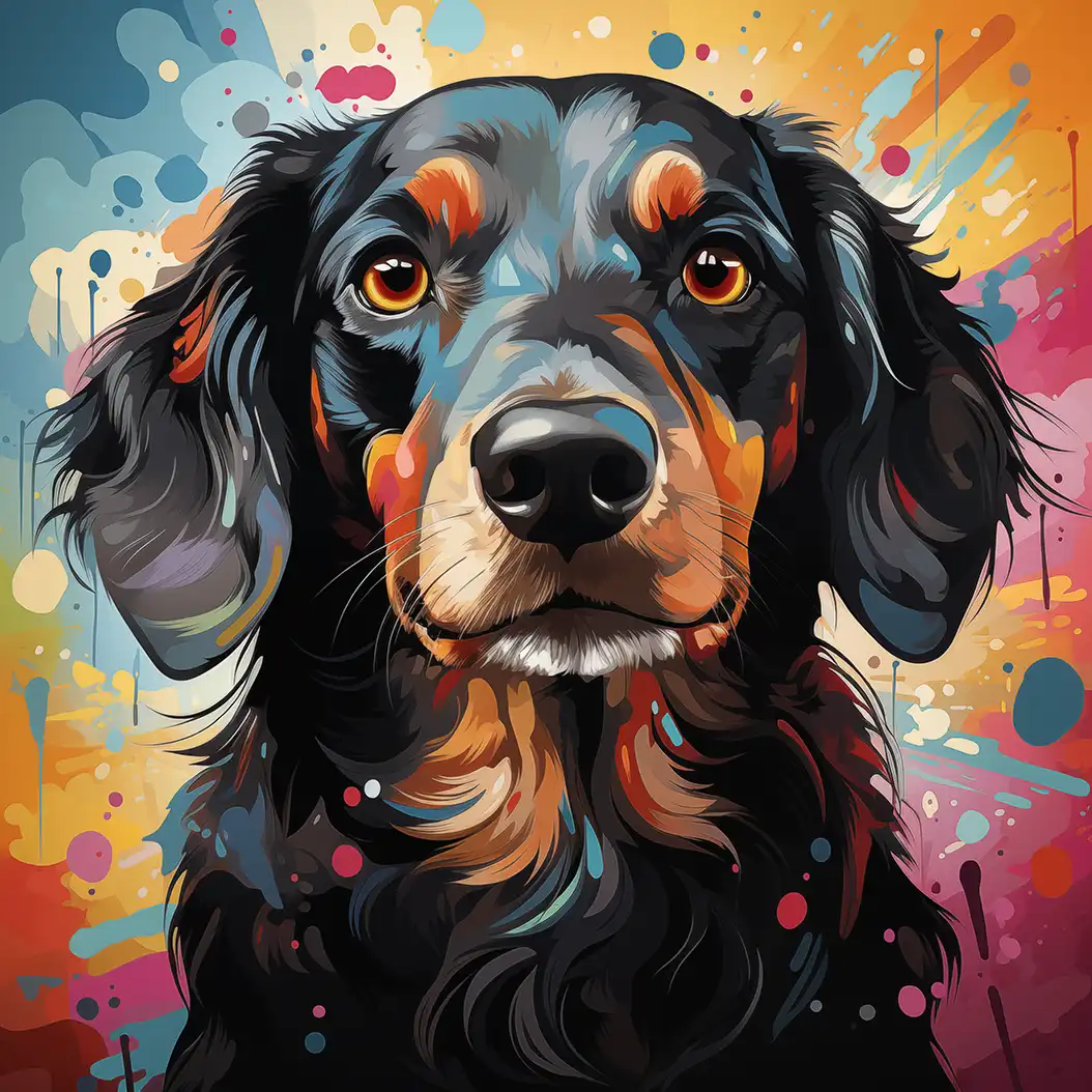 A stylized digital painting of a black and brown dog's face with a colorful, splattered background.