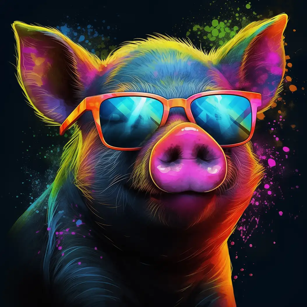 A stylized, colorful pig wearing orange sunglasses against a dark background with vibrant paint splatters.