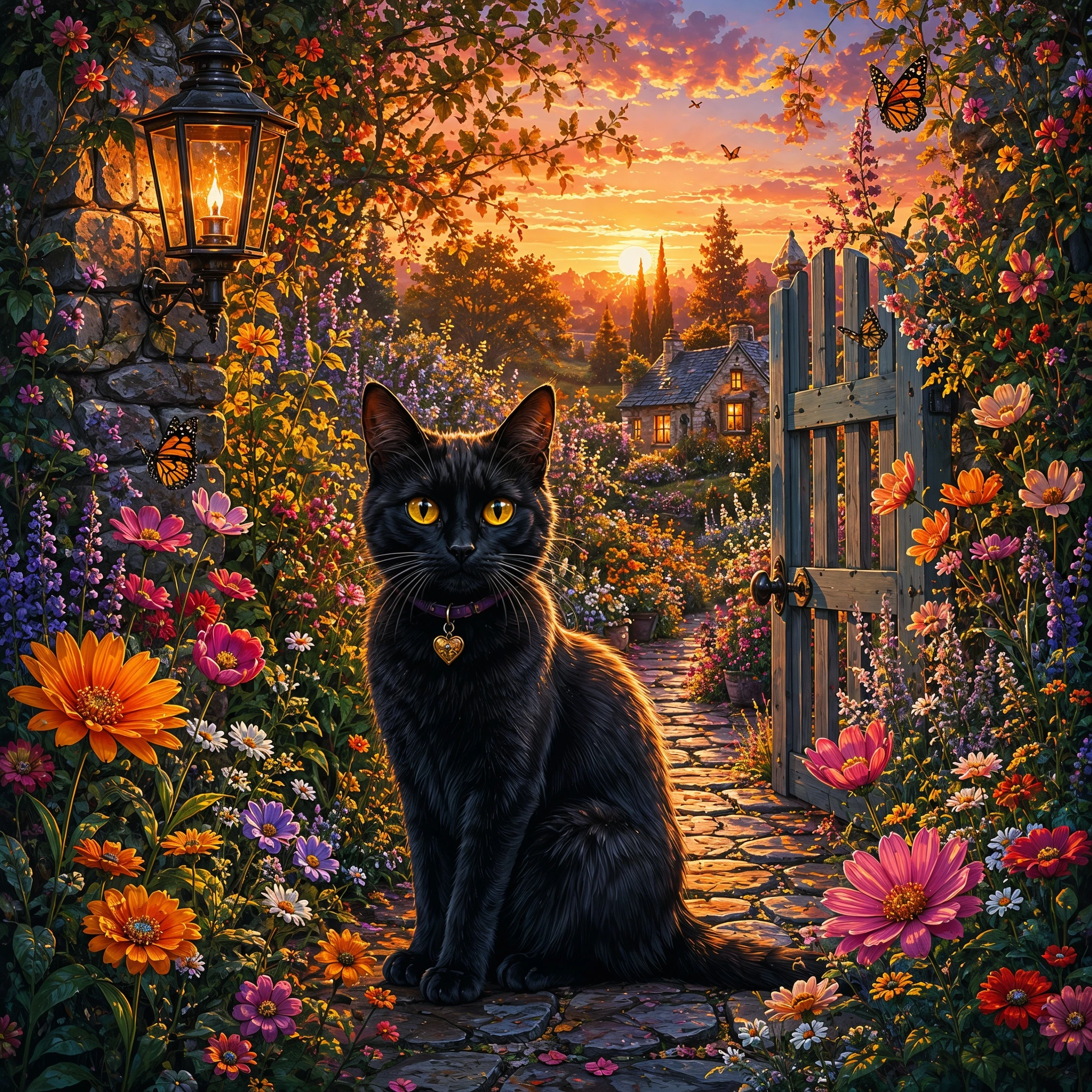 A black cat with yellow eyes sitting at a decorative gate surrounded by pink, orange, purple and white flowers, with a sunset-lit village visible beyond the gate