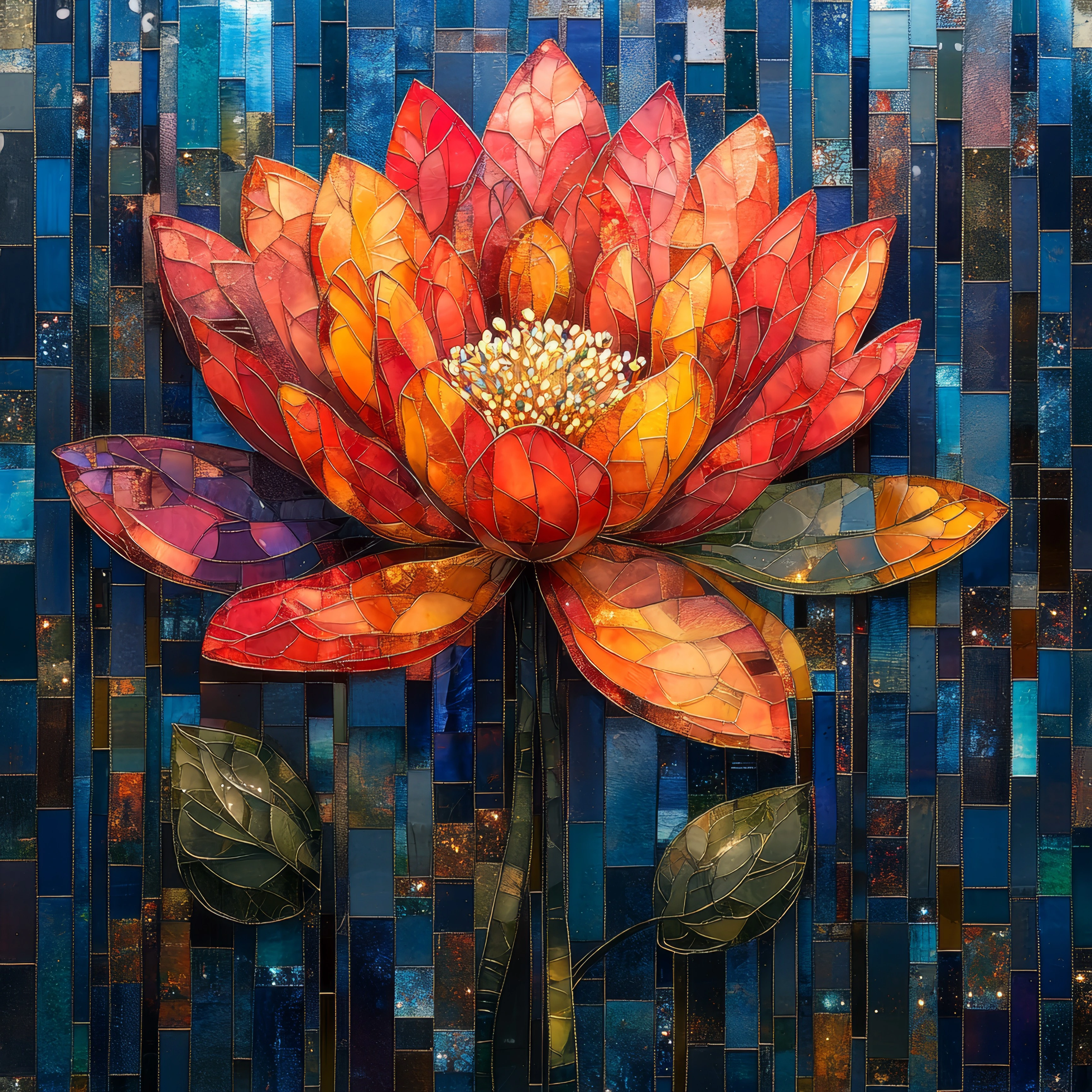 A stained glass mosaic artwork depicting a glowing red and orange lotus flower with detailed petals and golden stamens, surrounded by a blue and teal geometric tile background
