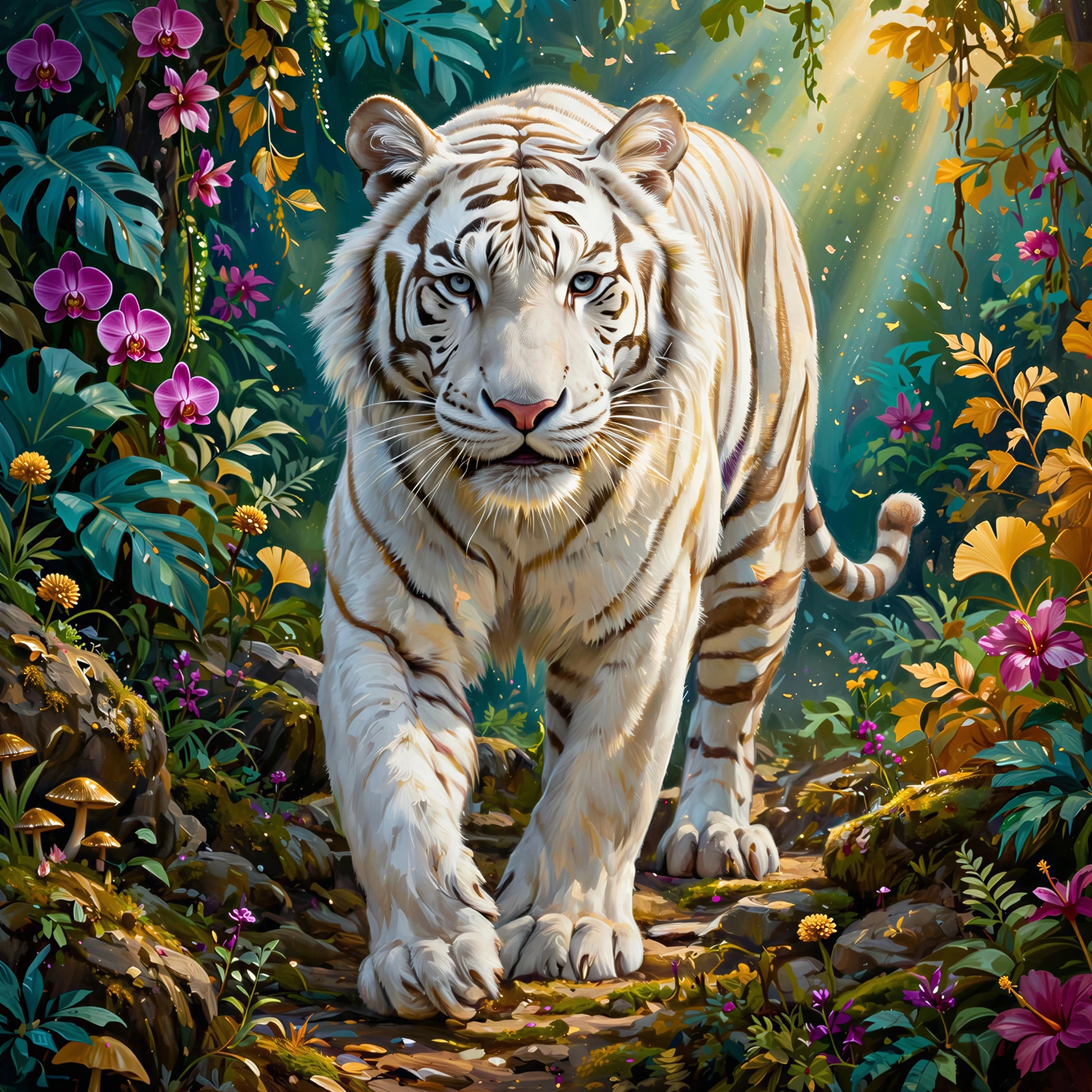 A white tiger with dark stripes and golden eyes walking forward through a garden filled with purple orchids, yellow flowers, green leaves, and hanging vines with golden sunlight streaming through the background