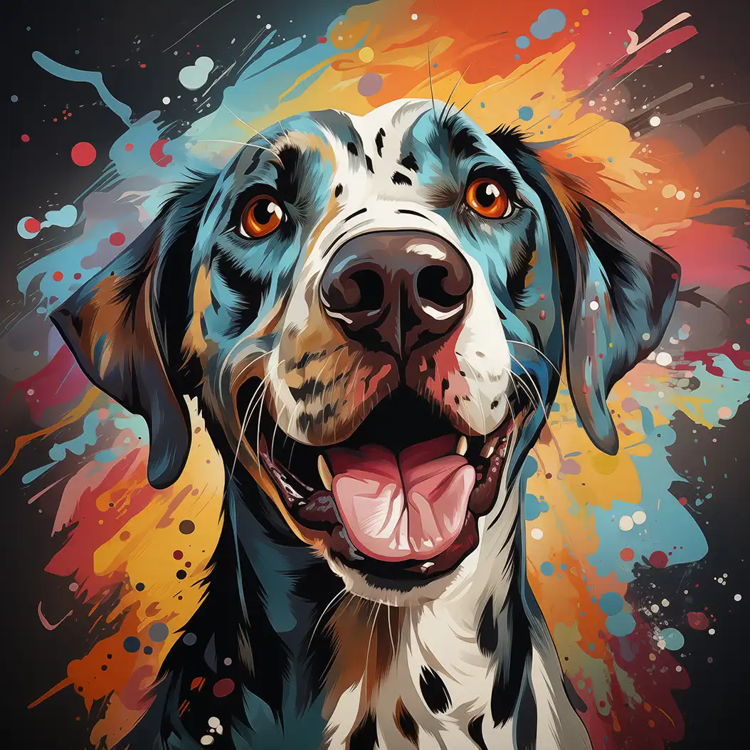 A vibrant and colorful artistic rendering of a dalmatian's face, with a background of paint splatters.