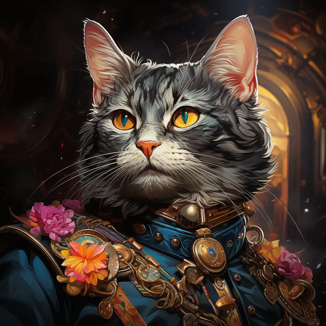 regal cat portrait, fantasy aristocratic feline artwork, royal pet illustration