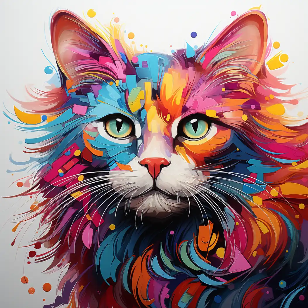 An abstract, digital art portrait of a cat with its fur rendered in bright, vibrant splashes and blocks of multiple colors, and piercing green eyes.
