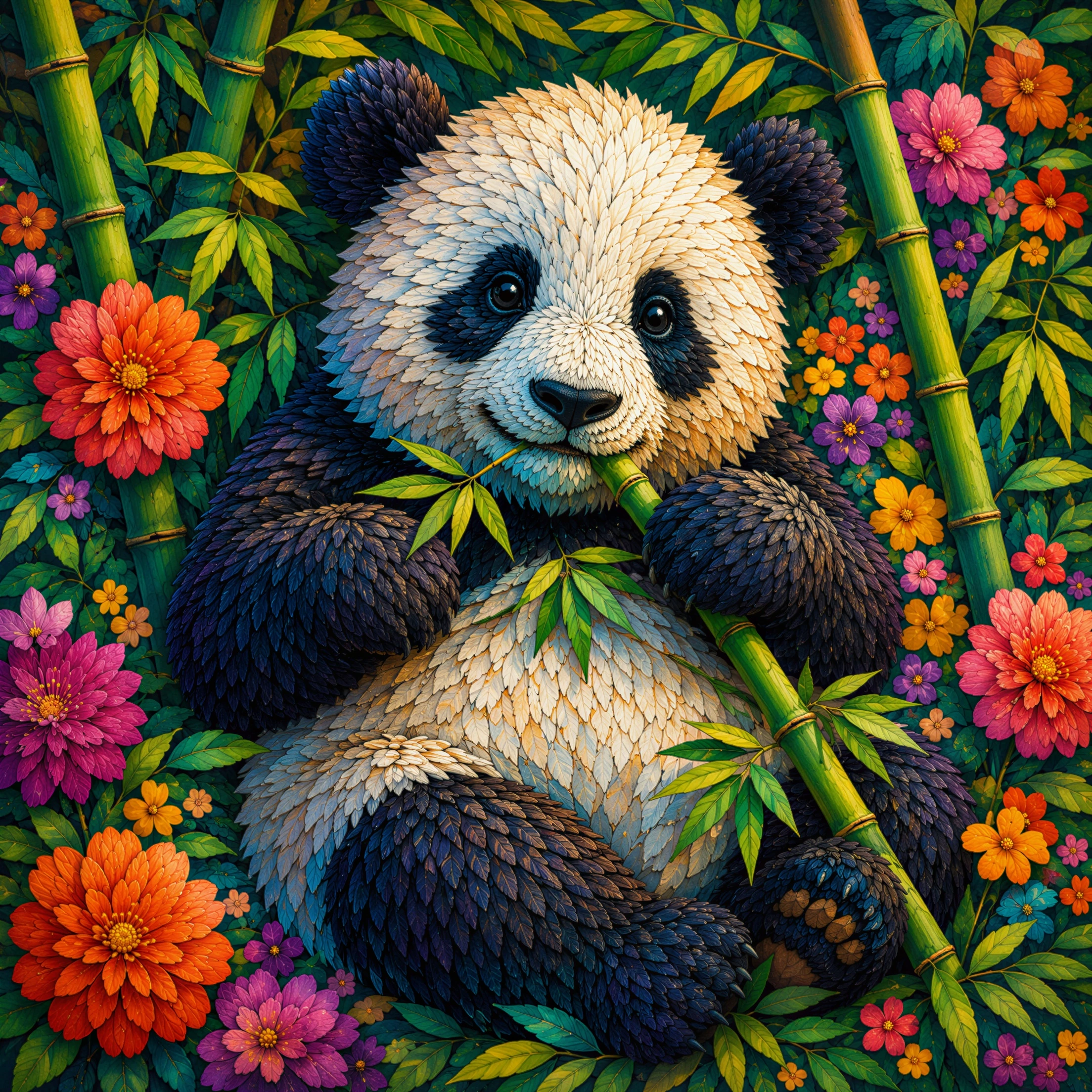 An illustrated giant panda with black and white fur surrounded by green bamboo stalks and vibrant pink, orange, and purple flowers with green foliage
