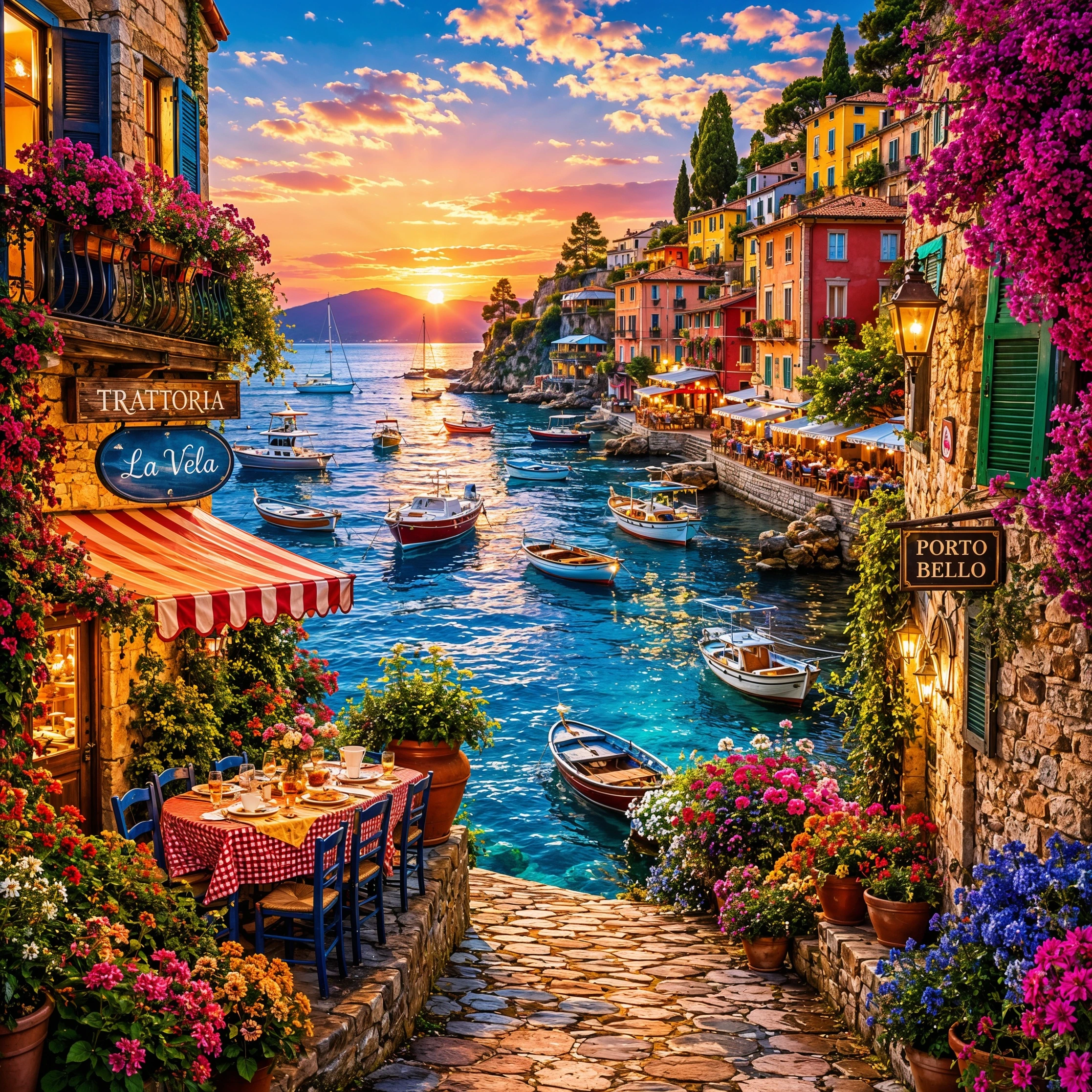 A stunning sunset view of a Mediterranean coastal village with colorful buildings, pink flowering vines, boats in a harbor, and a table set for dining on a terrace overlooking the water