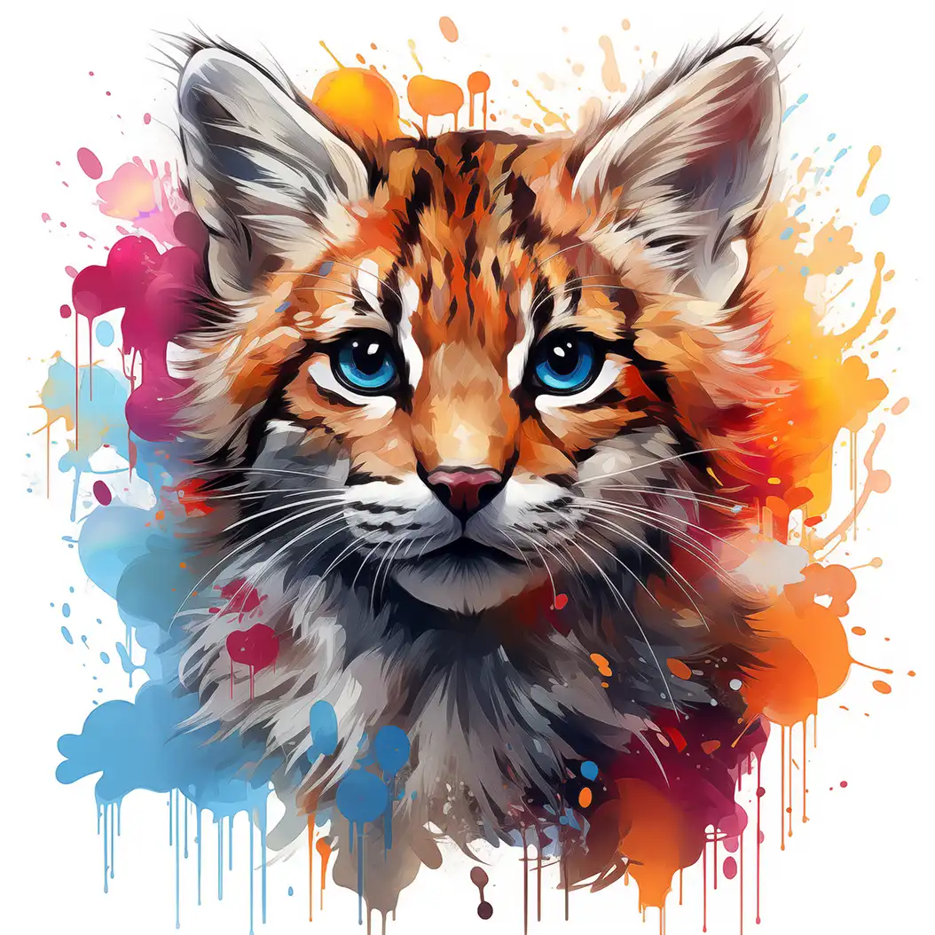 Colorful watercolor-style portrait of a baby bobcat with glowing blue eyes and vibrant splashes.