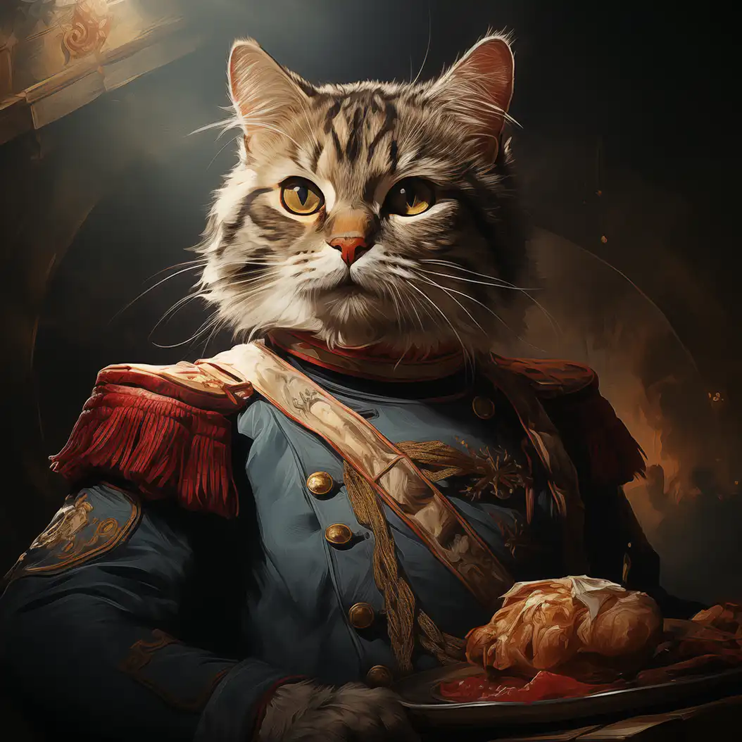Regal portrait of a cat dressed in historical military clothing inspired by Napoleon Bonaparte.