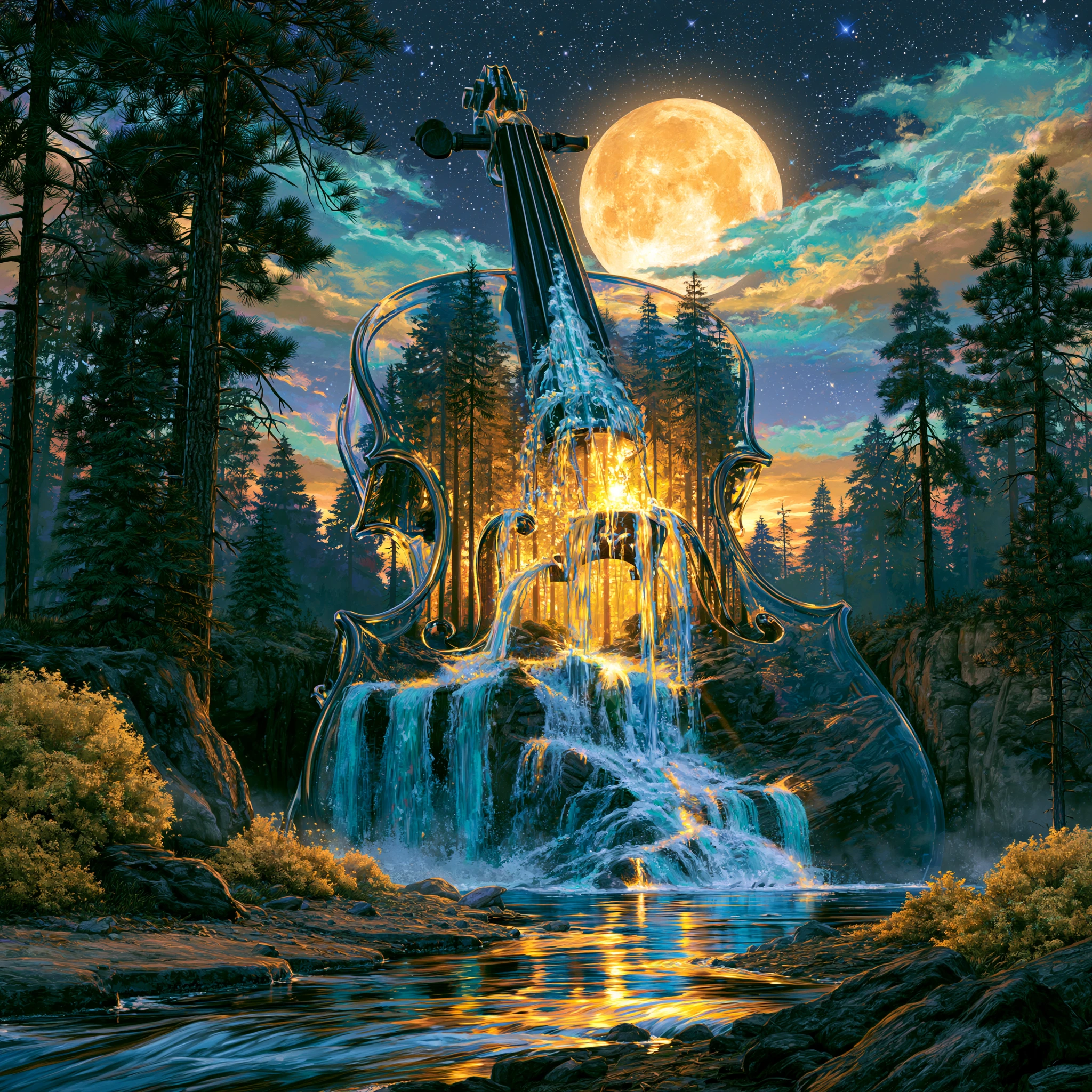 Violin Waterfall Under Full Moon jigsaw puzzle