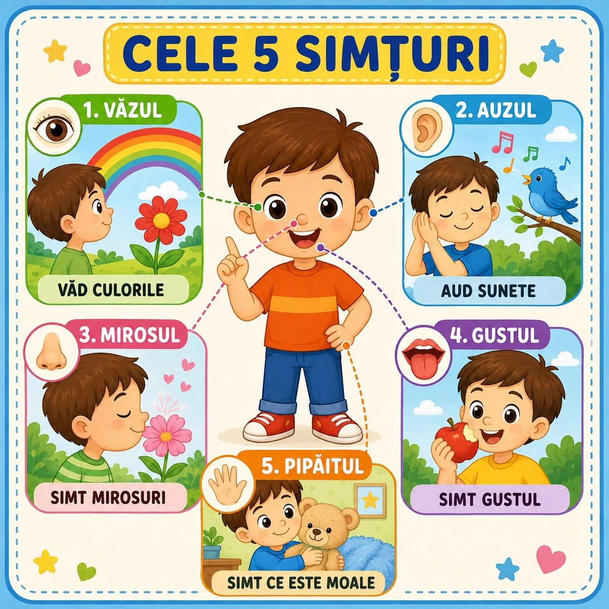 Educational diagram showing a smiling boy in orange shirt surrounded by five labeled sections representing the five senses: eyes with rainbow, ears with bird sounds, nose with flowers, mouth with apple, and hands with teddy bear