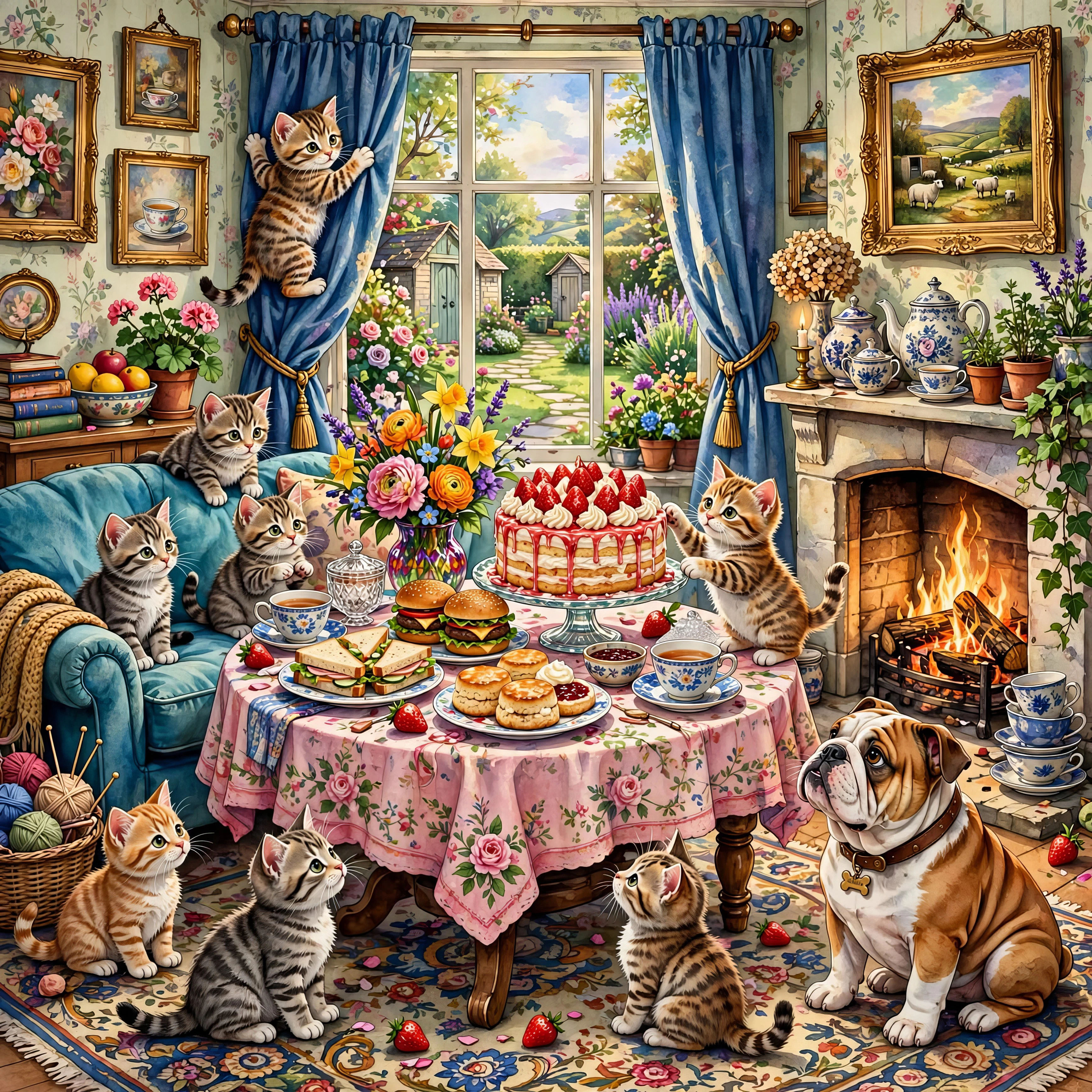 Multiple tabby kittens and a brown-and-white bulldog seated around a pink floral tablecloth enjoying an elaborate tea party with a decorated cake, fresh flowers in vases, teacups, and a fireplace in a flowered Victorian room with large windows overlooking a garden.