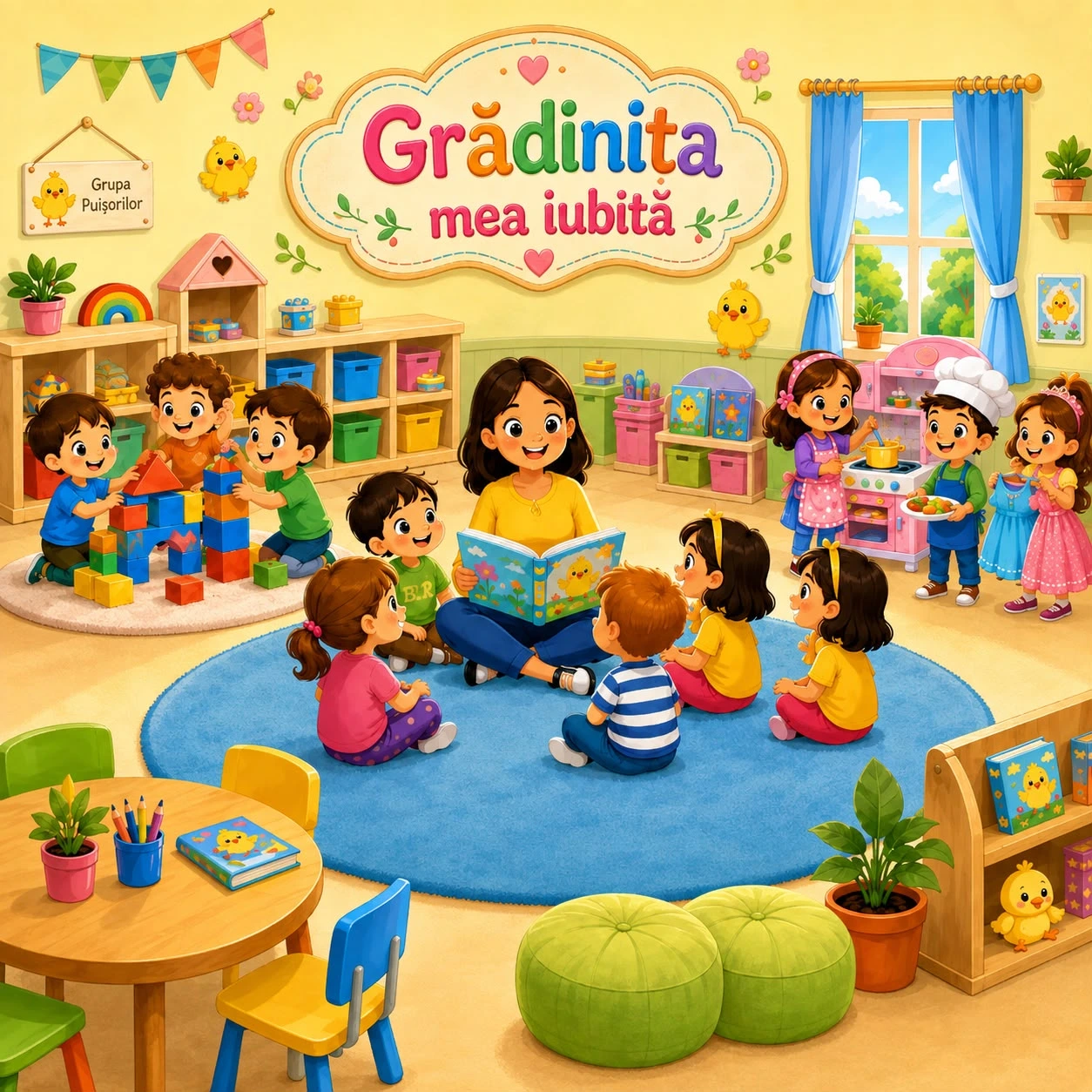 Illustration of a kindergarten classroom with a female teacher reading to children sitting on a blue circular mat, surrounded by colorful toys, shelves, plants, and other children playing in the background.