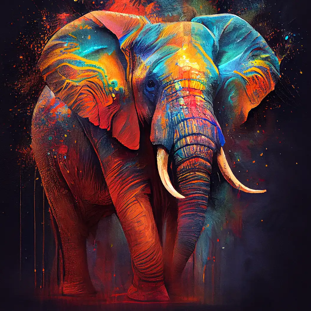 An abstract, vibrantly painted elephant stands tall, covered in a kaleidoscopic array of blues, reds, oranges, and yellows with paint splatters.