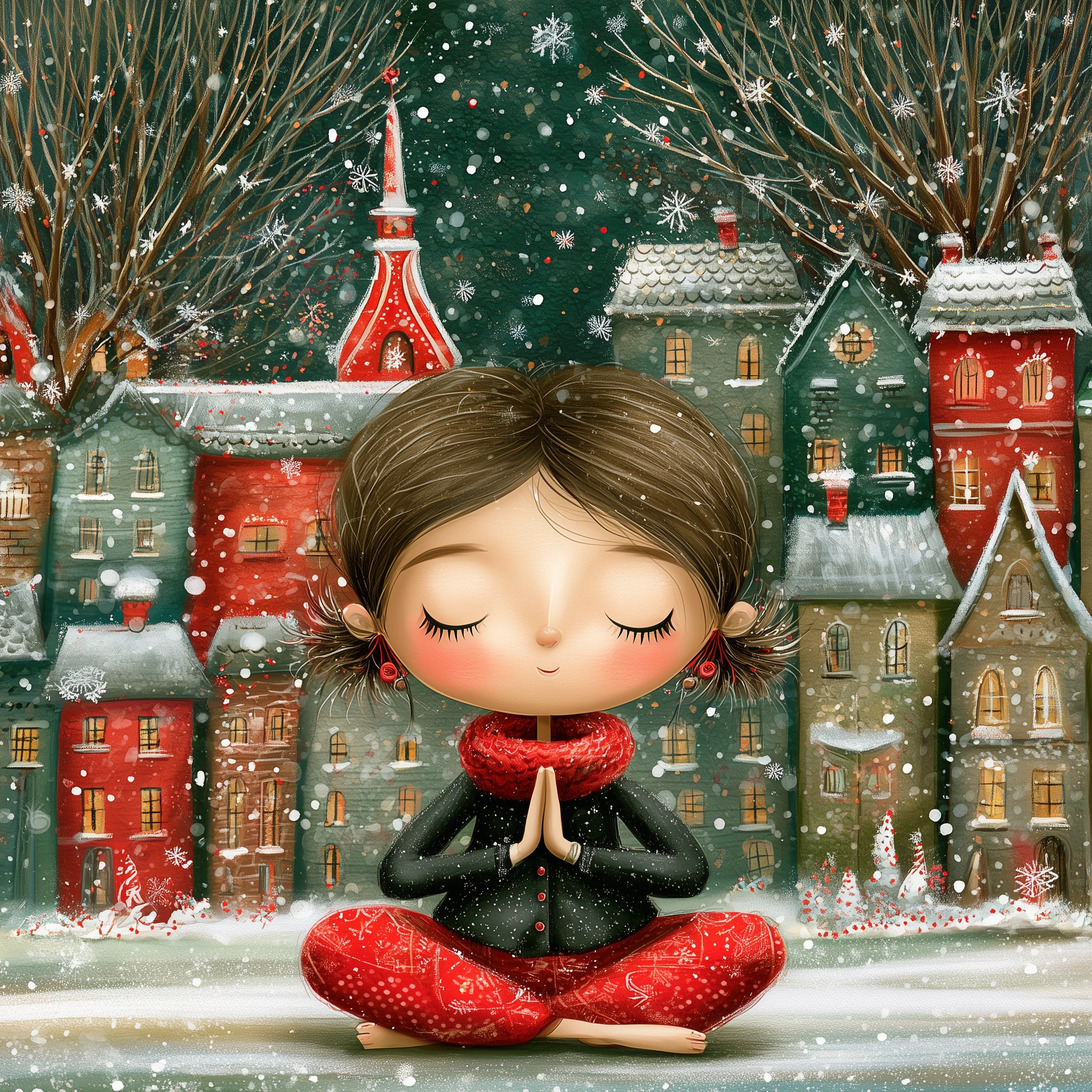 Girl Meditating in Winter Village jigsaw puzzle