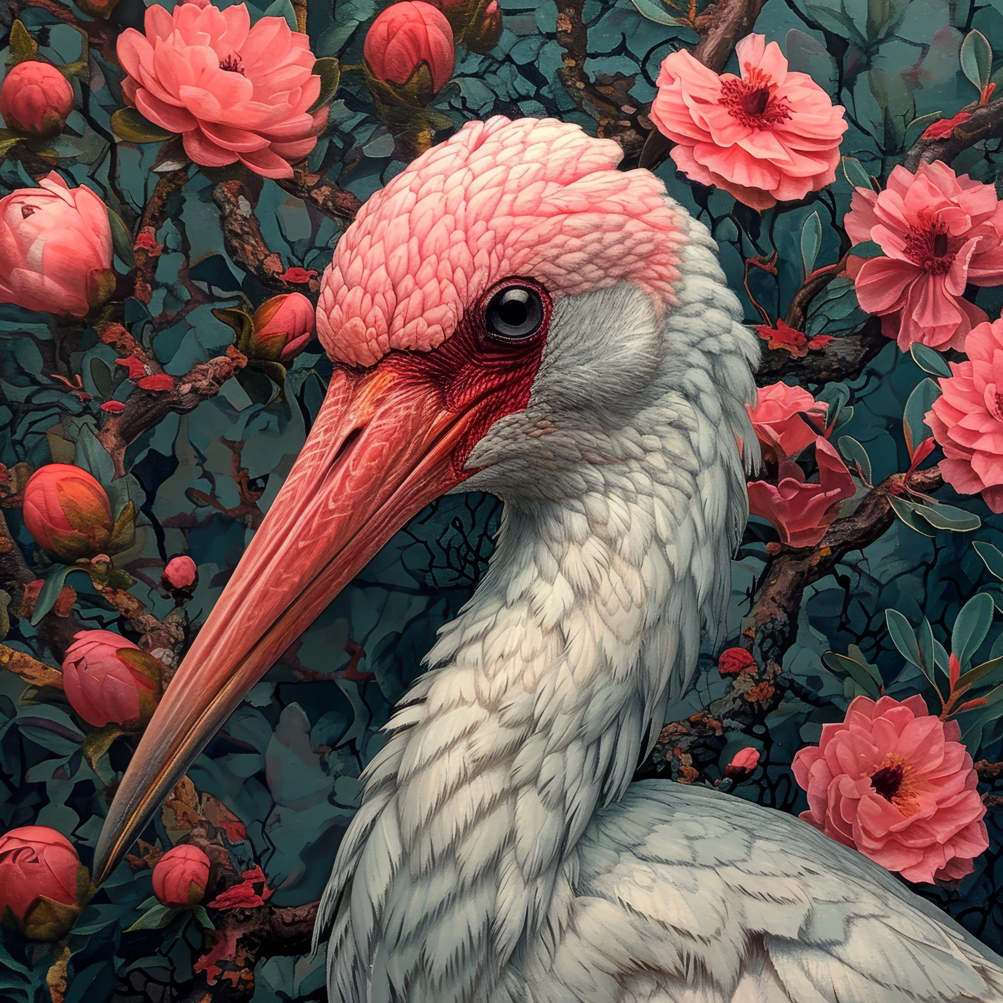 Stork Among Coral Peonies jigsaw puzzle