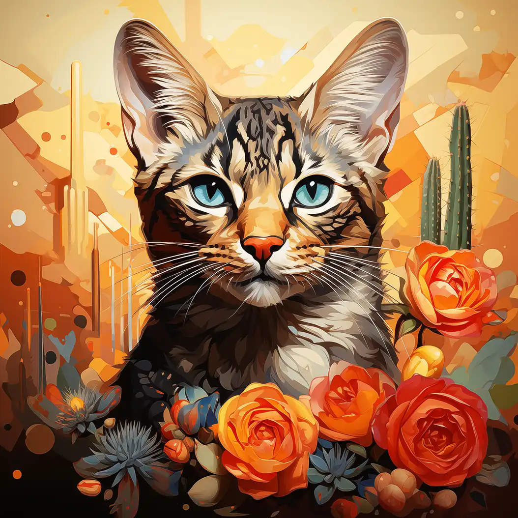 A stylized painting of a lynx with striking blue eyes, surrounded by orange roses and cacti in a desert-like landscape.