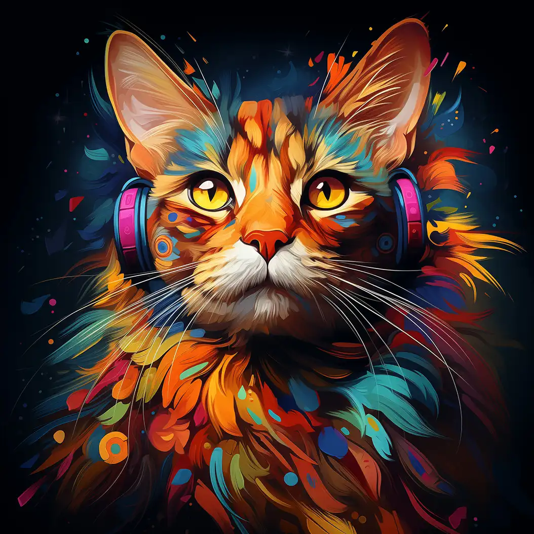 Neon-inspired portrait of an Arabian Mau cat wearing colorful headphones with glowing abstract effects.