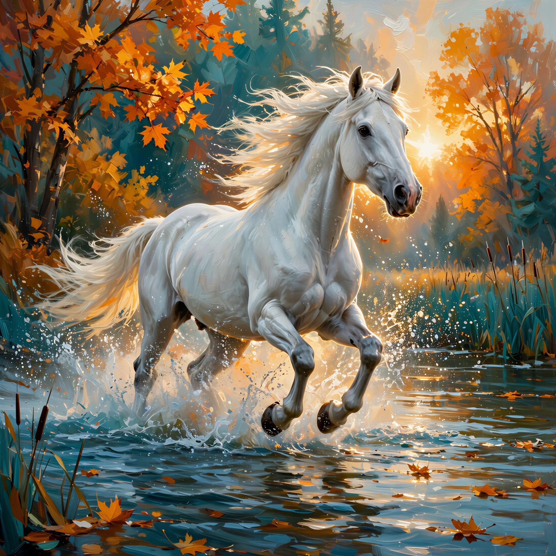 A white horse running through water in an autumn forest setting with golden leaves and teal-colored trees in the background
