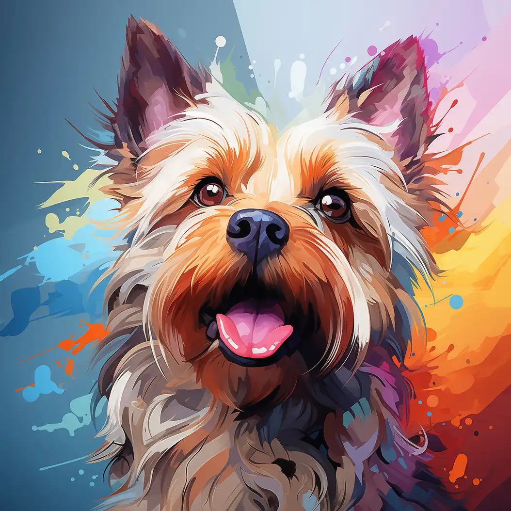 Cheerful digital portrait of a Cairn Terrier dog with soft colorful paint splash background.