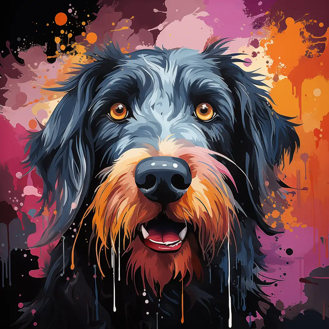 Giant Schnauzer dog portrait with colorful fur and expressive happy face.