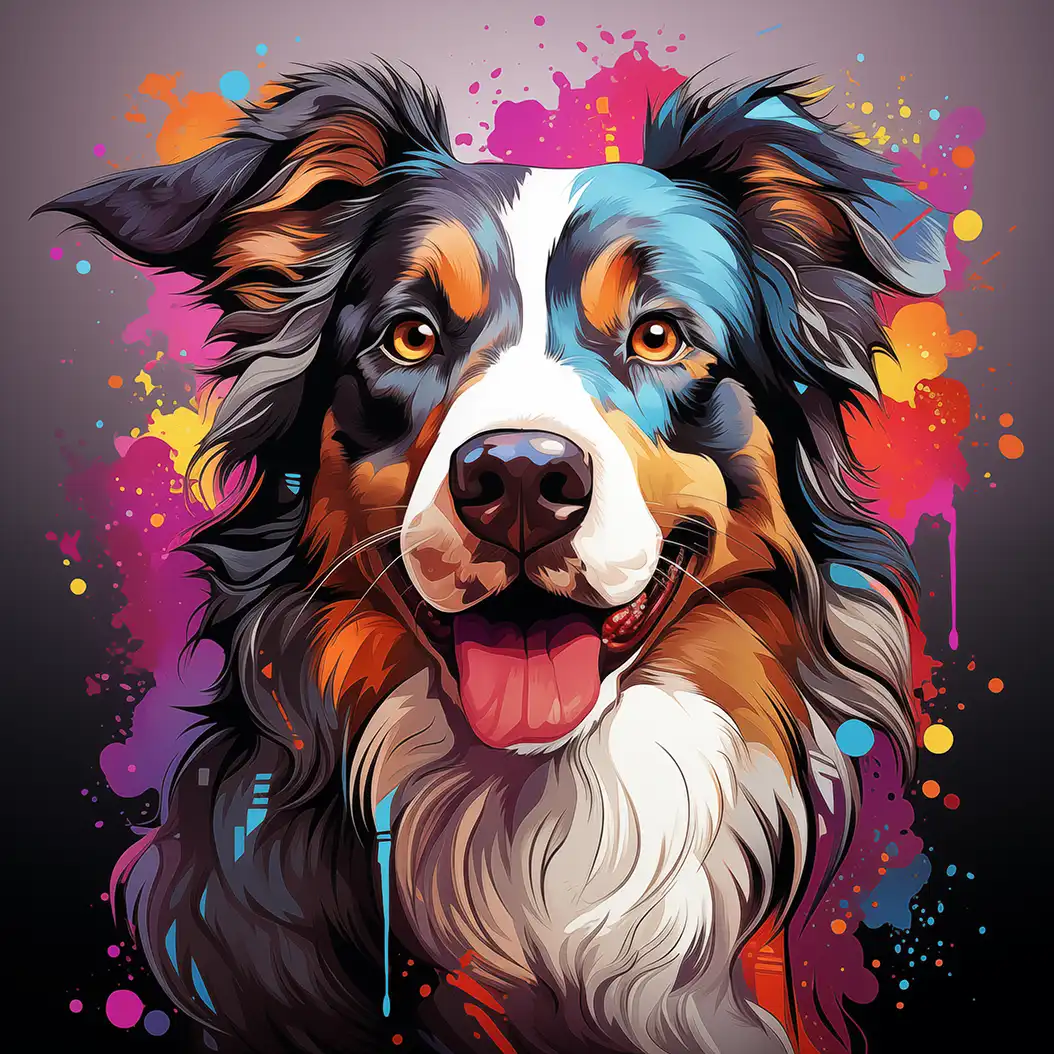 Vibrant digital portrait of a happy Australian Shepherd dog with colorful abstract background.