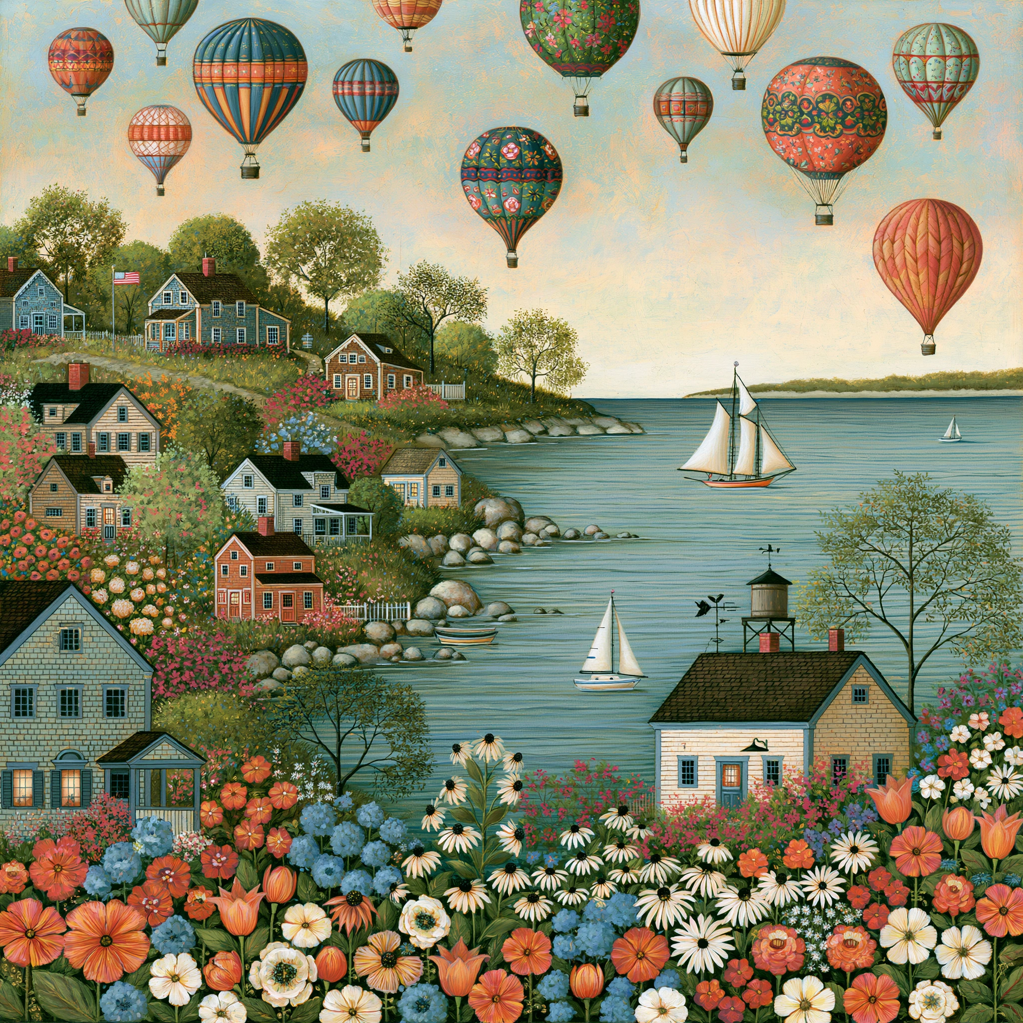 Hot Air Balloons Over Coastal Village jigsaw puzzle