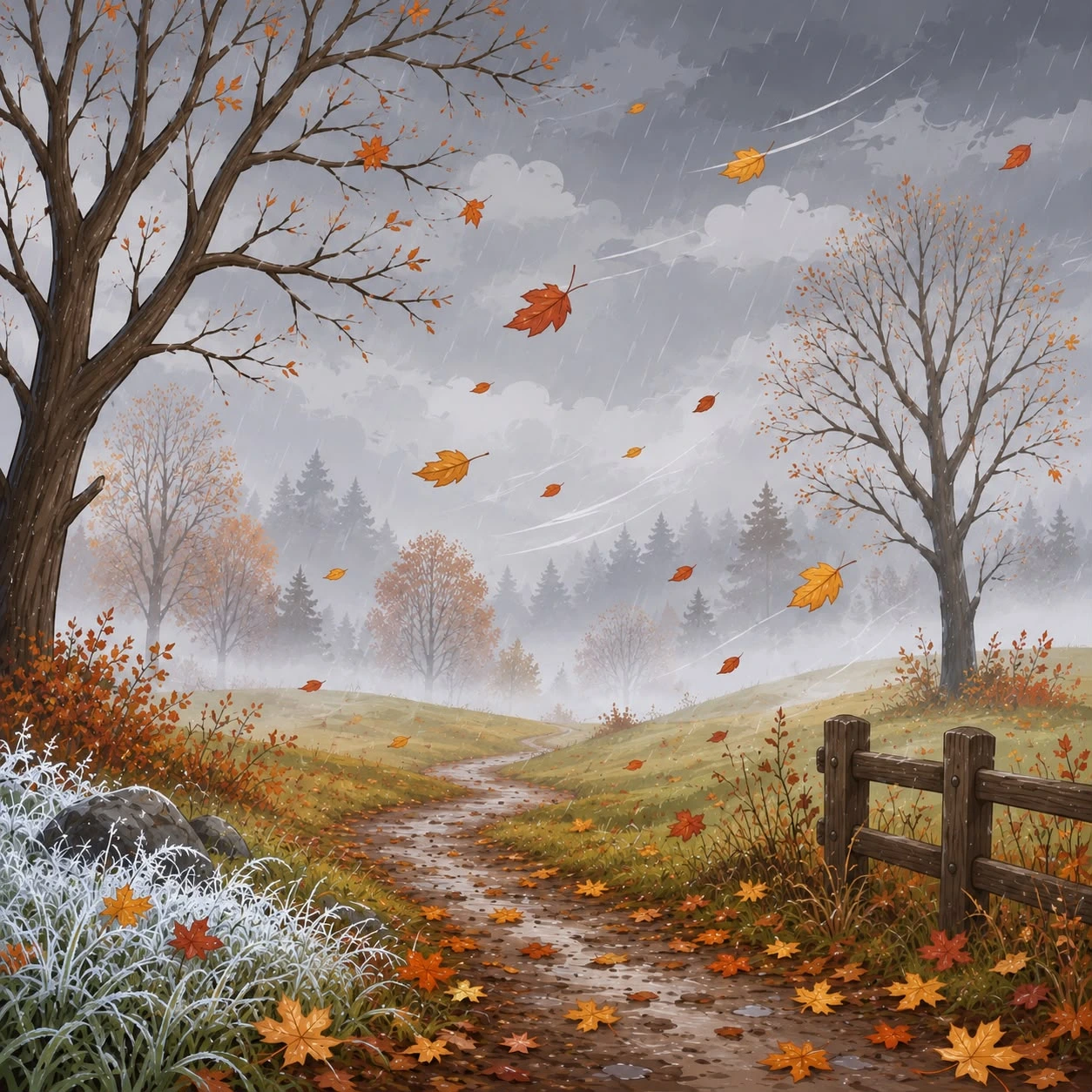 A pastoral autumn landscape with rain falling from grey clouds, golden and orange leaves swirling in the air, bare and sparse trees on rolling hills, a small stream running through the foreground, and a wooden fence beside the path