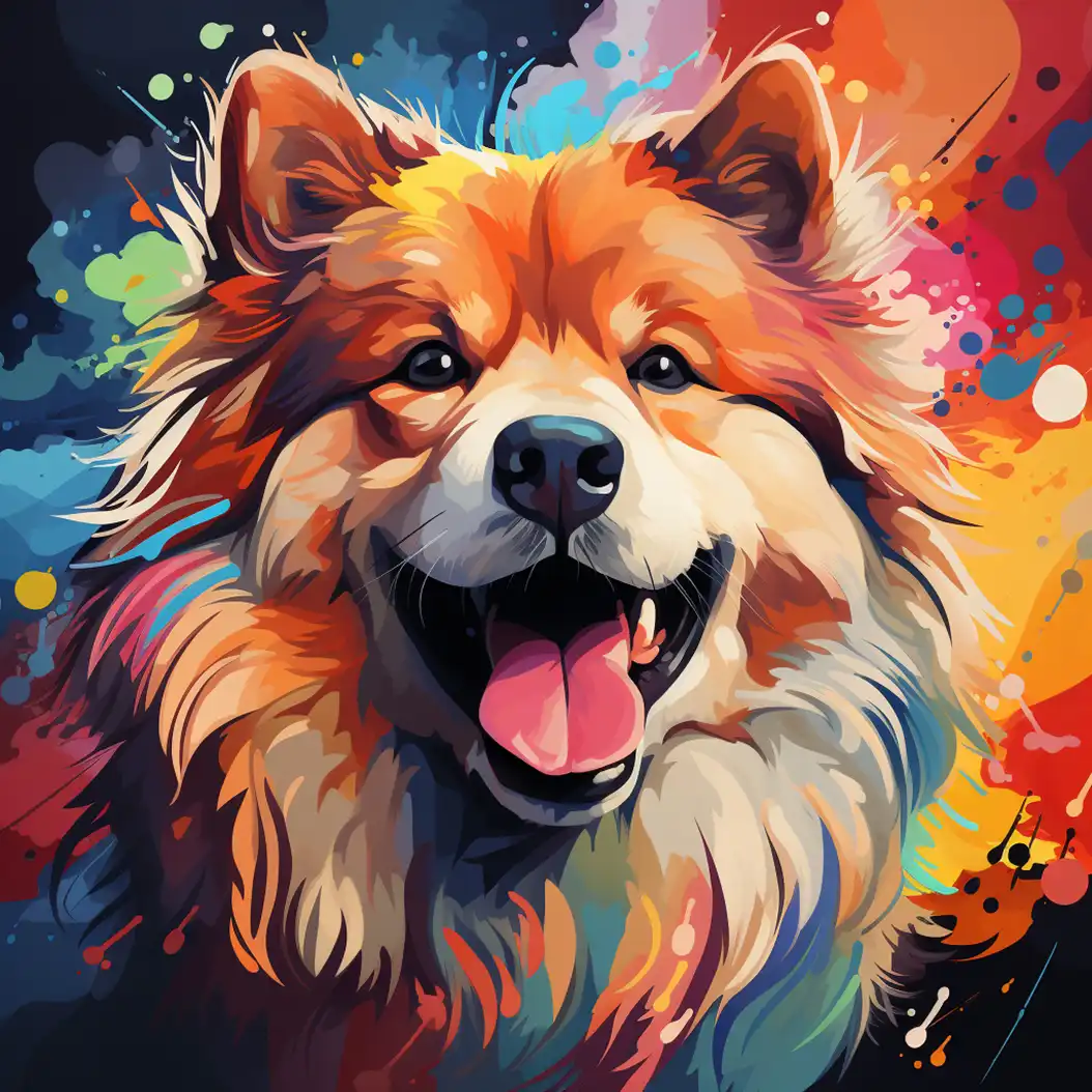 Bright artistic illustration of a smiling Chow Chow with expressive eyes and colorful abstract background.