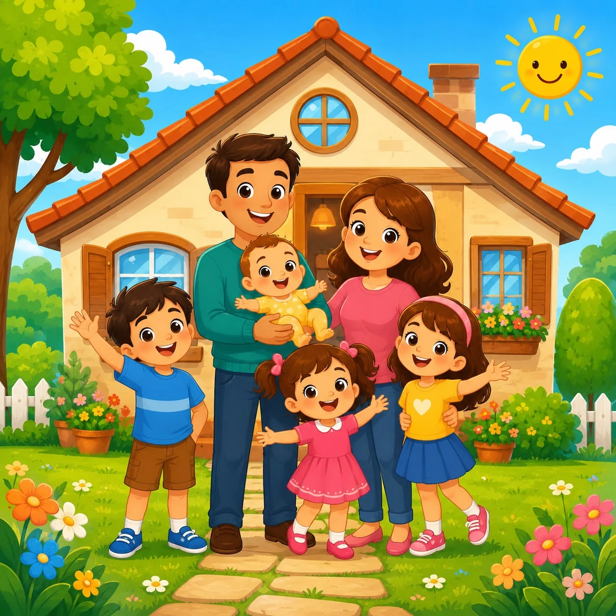 A cartoon illustration of a happy family of six standing in front of a cottage with an orange tile roof, surrounded by colorful flowers and green bushes on a sunny day