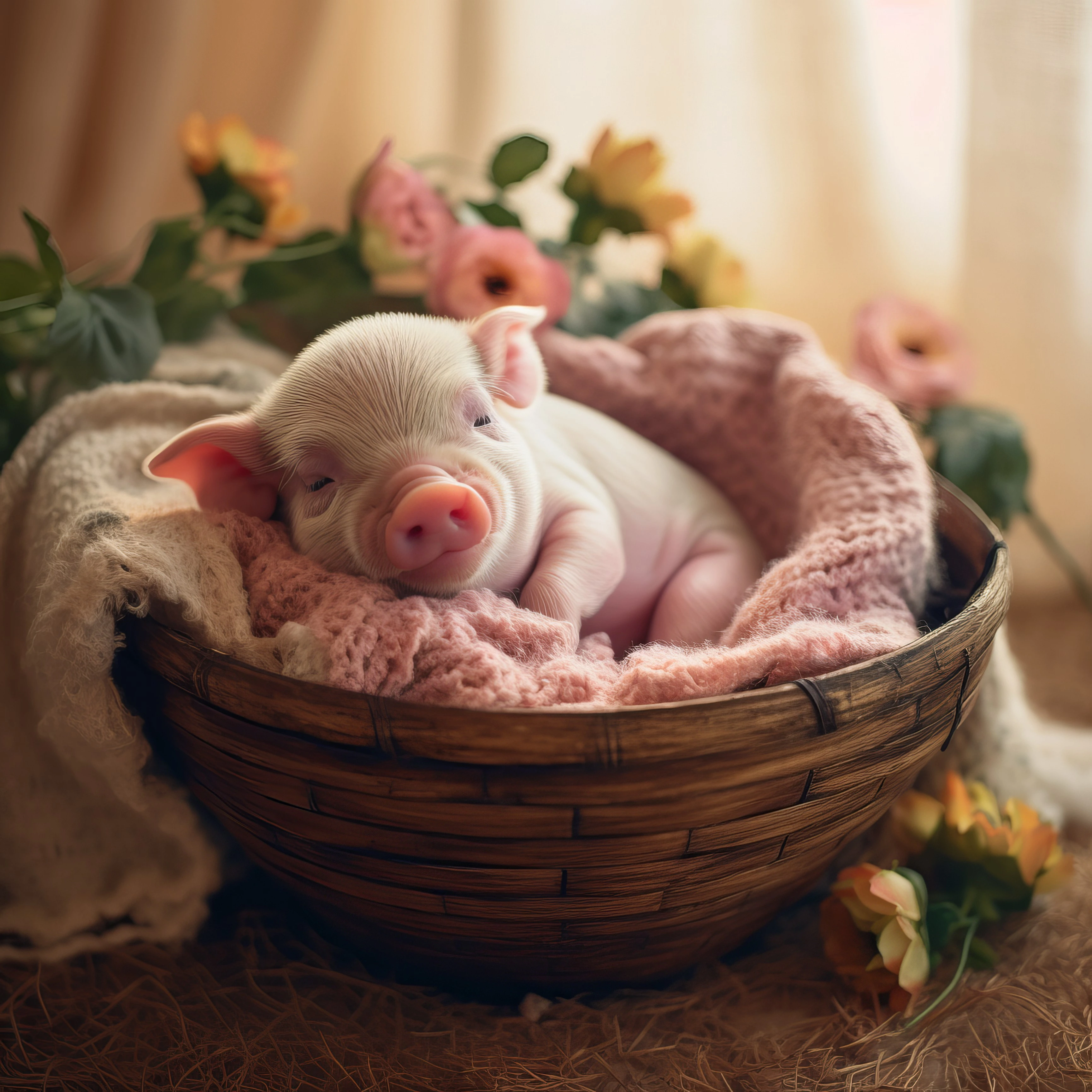 Gentle Piglet in Floral Basket jigsaw puzzle