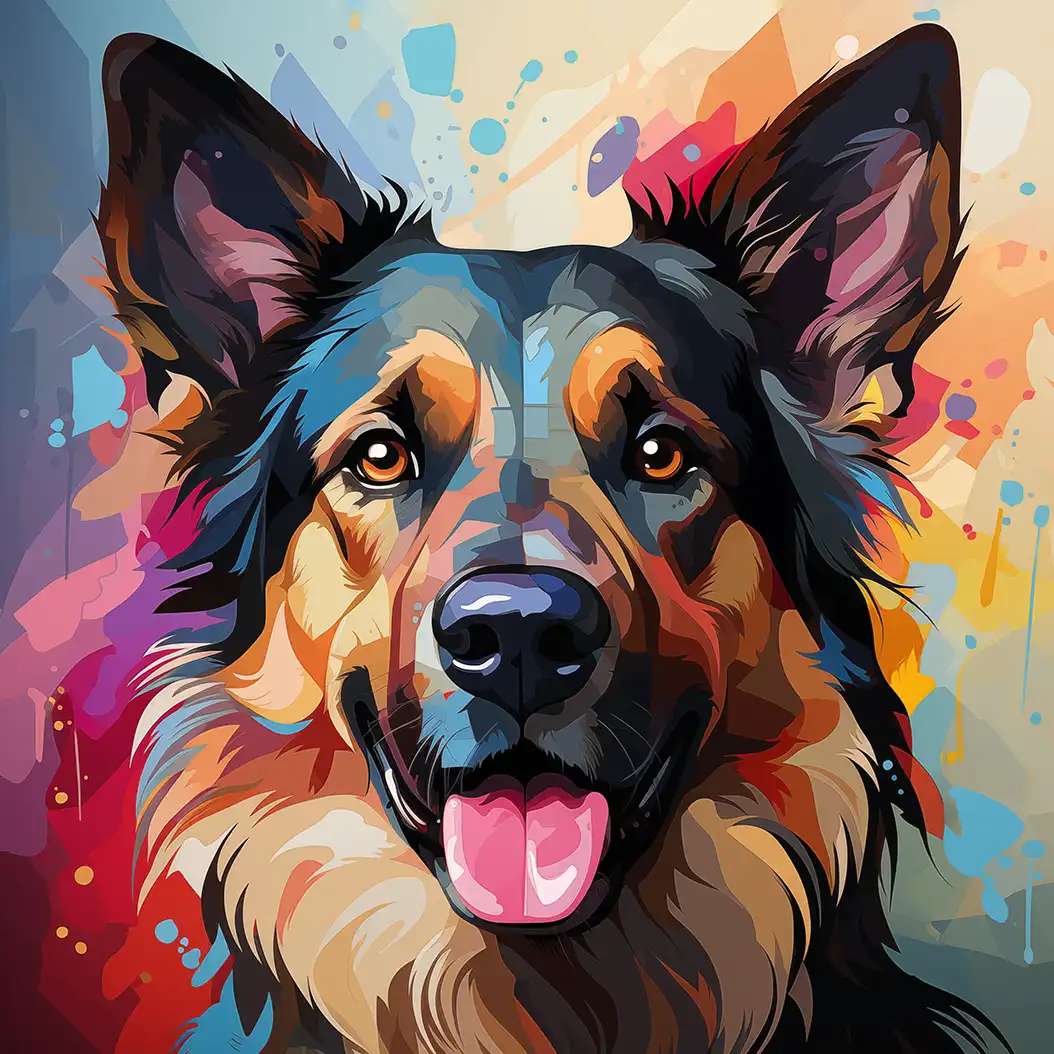 Bright German Shepherd dog portrait in colorful fantasy painting style.