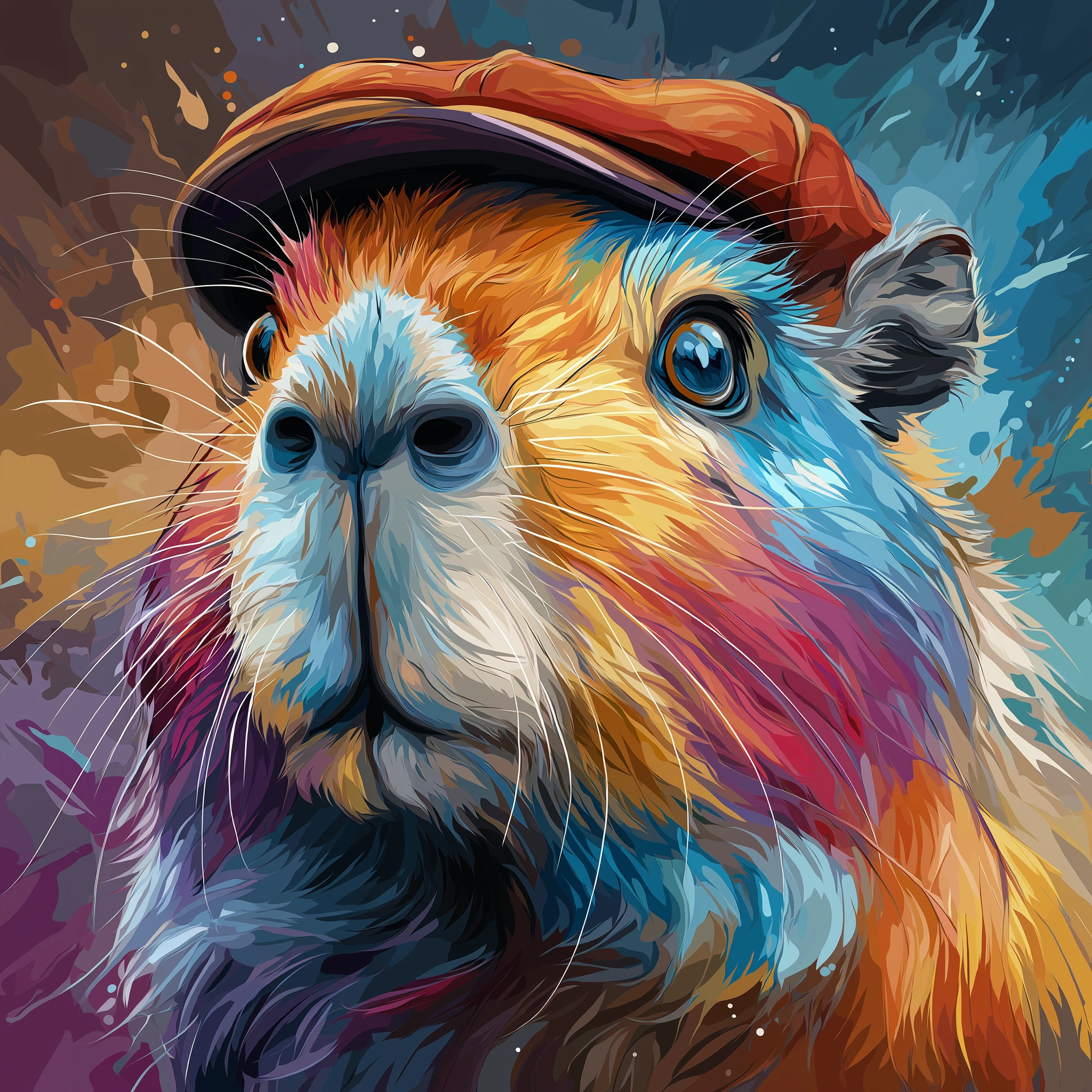 A colorful digital illustration of a capibara with large blue eyes wearing an orange hat, surrounded by vibrant swirling colors including blues, oranges, pinks, and purples