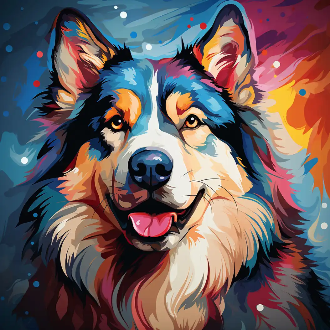 Bright colorful portrait of an Alaskan Malamute dog with happy expression and abstract background.