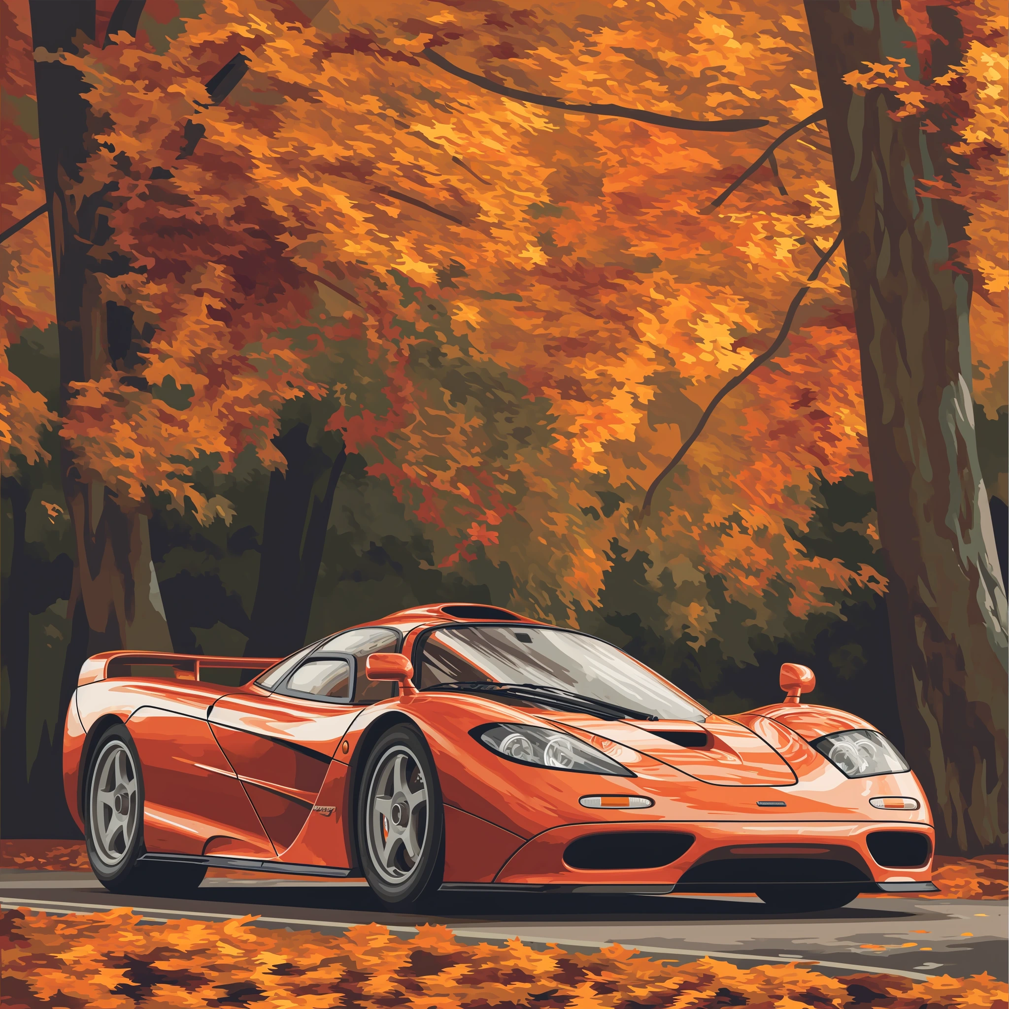 Orange Supercar Under Autumn Canopy jigsaw puzzle