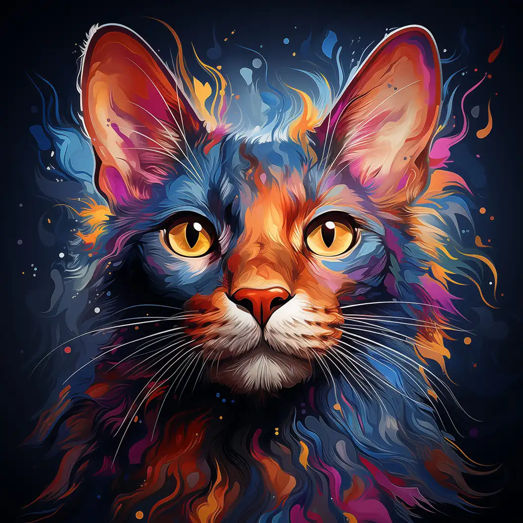 A vibrant and colorful close-up portrait of a cat's face, featuring electric hues and expressive brushstrokes.