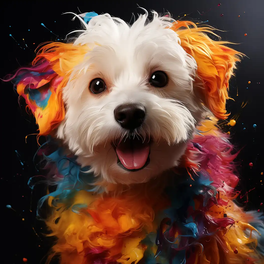 Vibrant artistic painting of a fluffy Bichon Maltese puppy with glowing colorful effects.