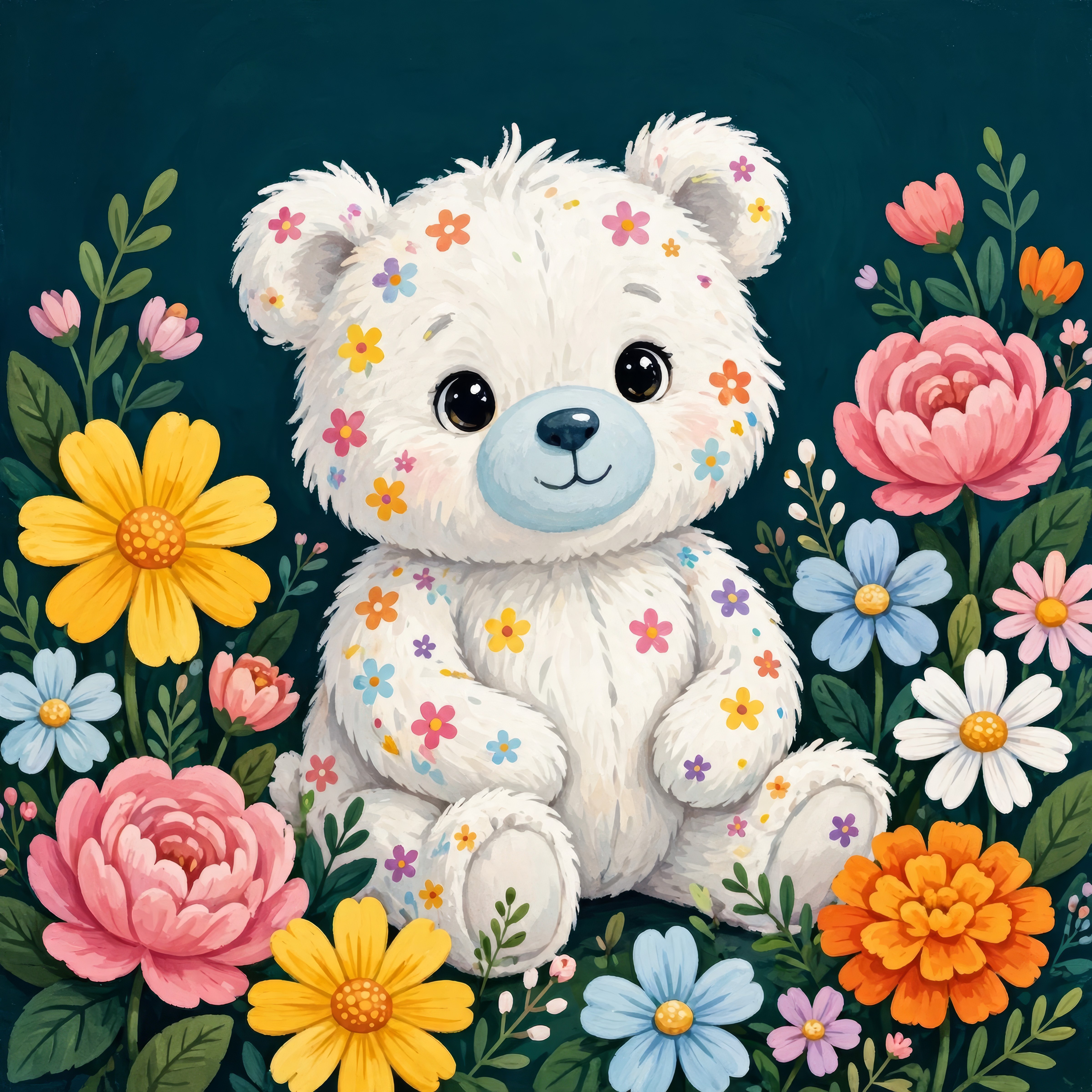 White Teddy Bear in a Flower Garden jigsaw puzzle