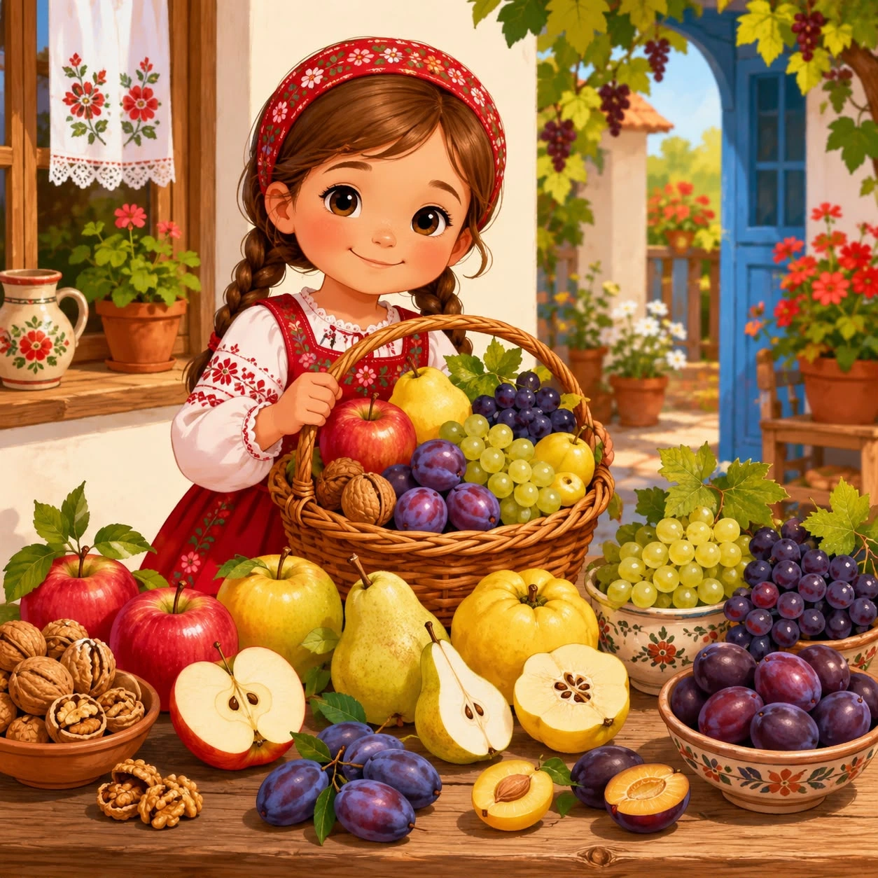 Girl with Harvest Basket in Courtyard jigsaw puzzle