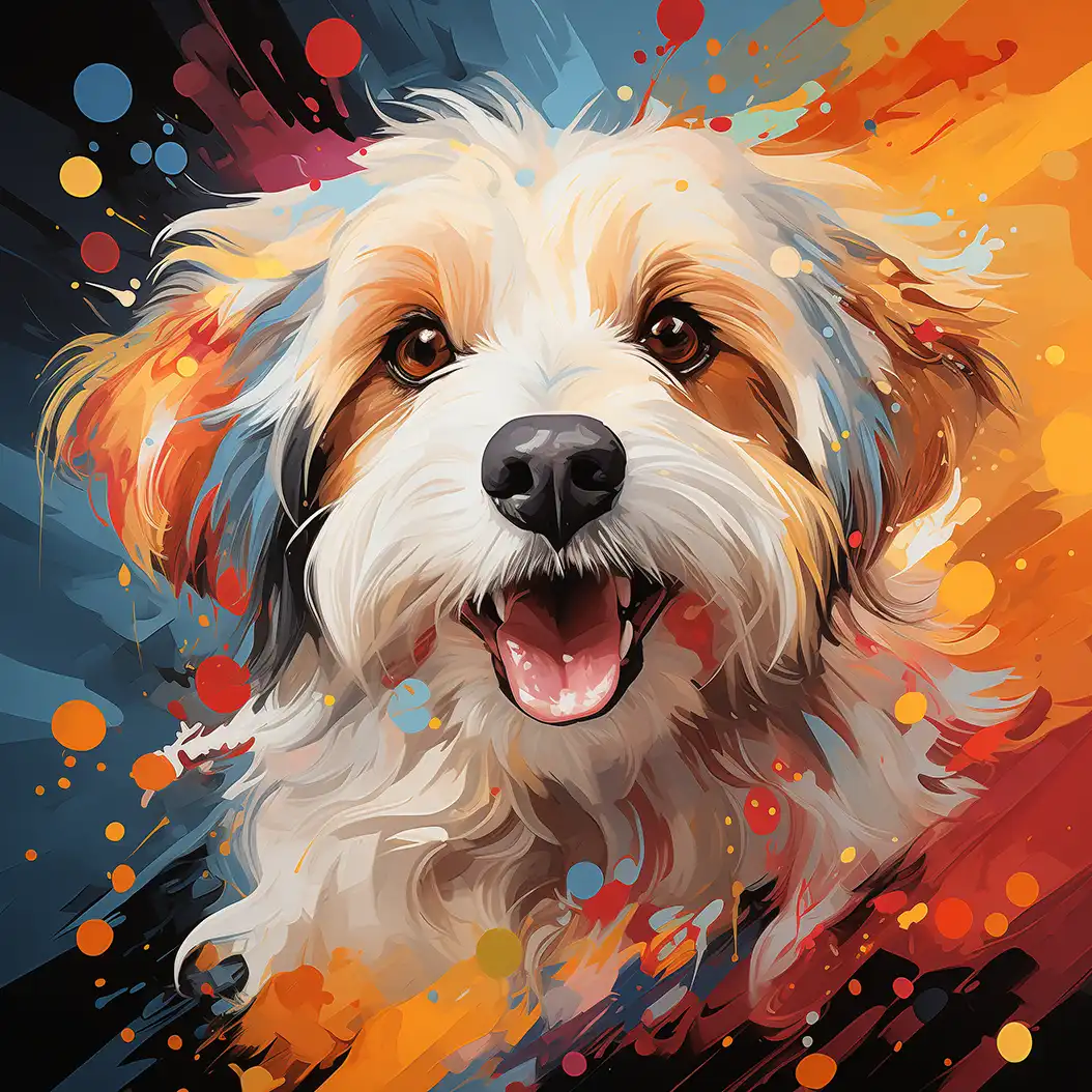 A vibrant and colorful artistic rendering of a happy white and brown dog with an open mouth and wet nose, set against a background of paint splashes.